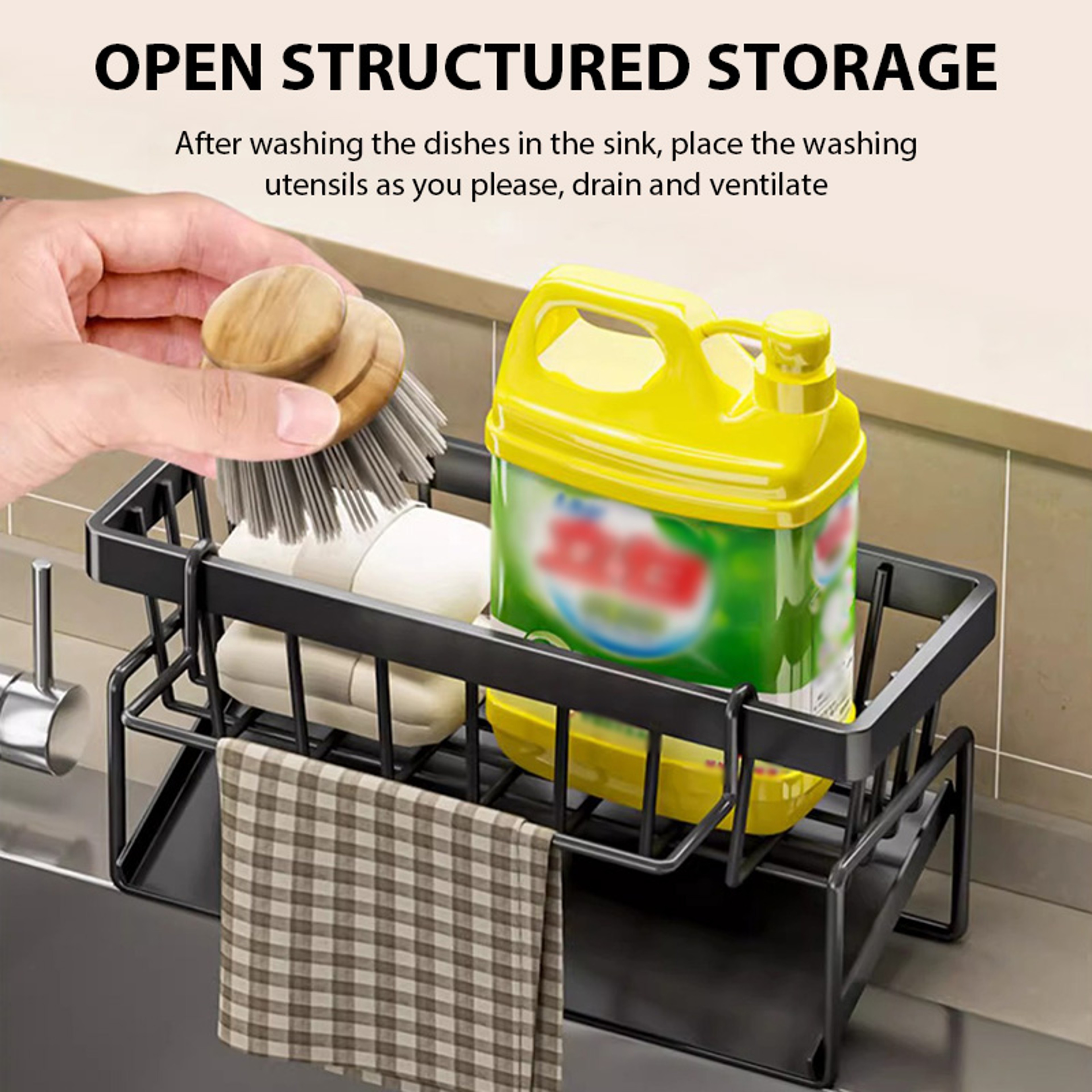 High Drain Kitchen Sink Organizer Rack with Sponge Holder & Filter Basket – view 3