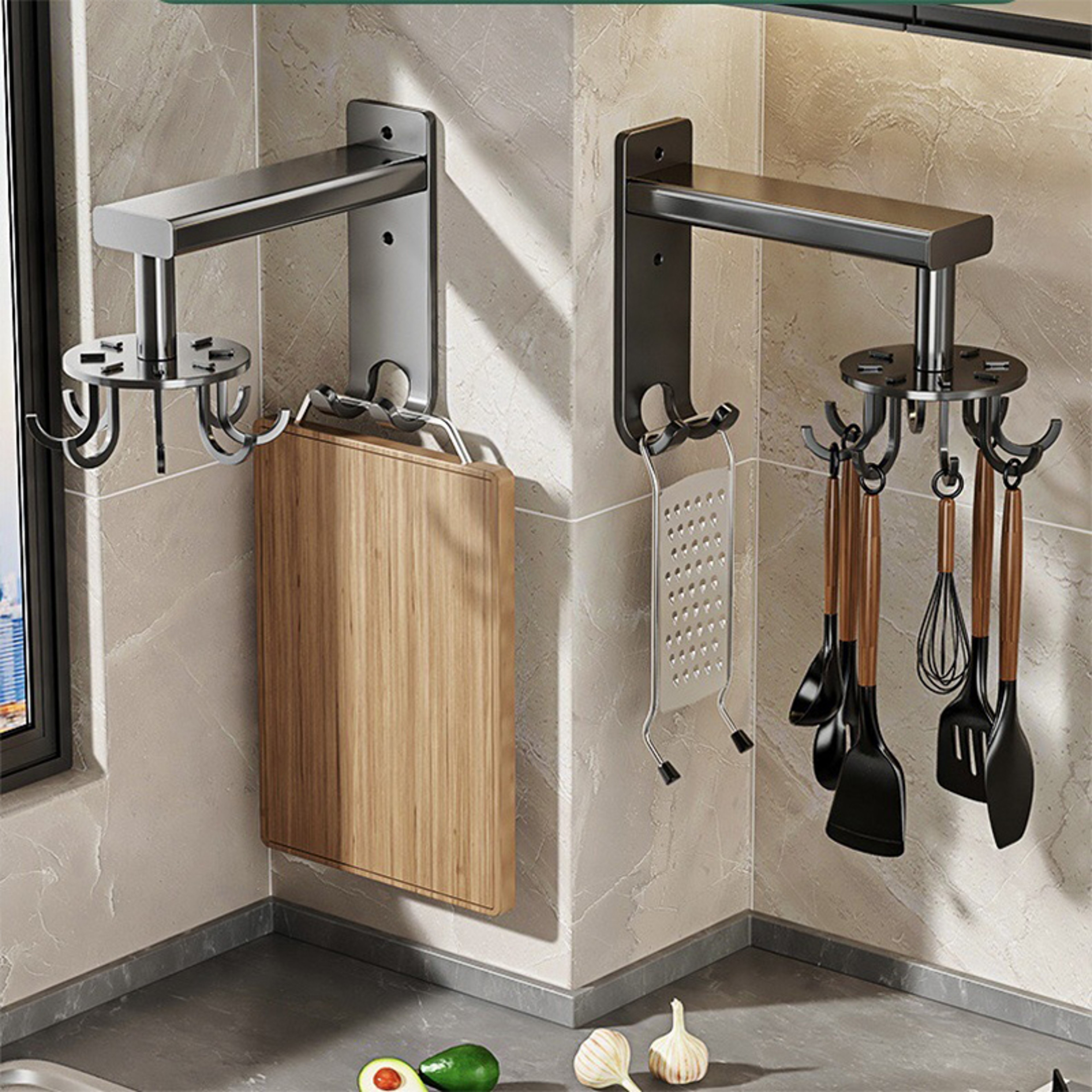 Rotating Kitchen Utensil Hook Rack Wall Mounted Organizer – view 1