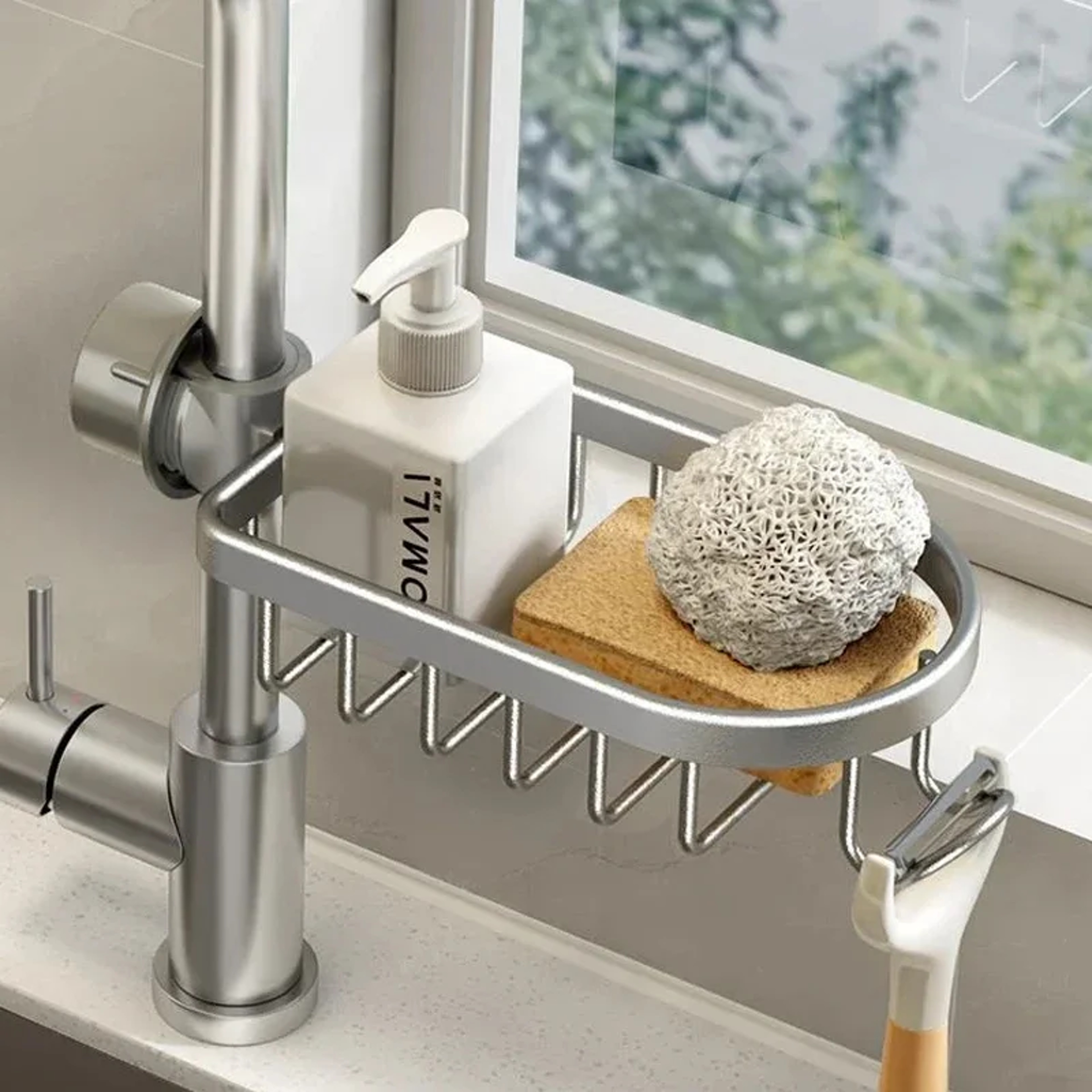 Aluminum Sink Faucet Rack Organizer with Sponge Holder and Soap Drainer Basket – view 9