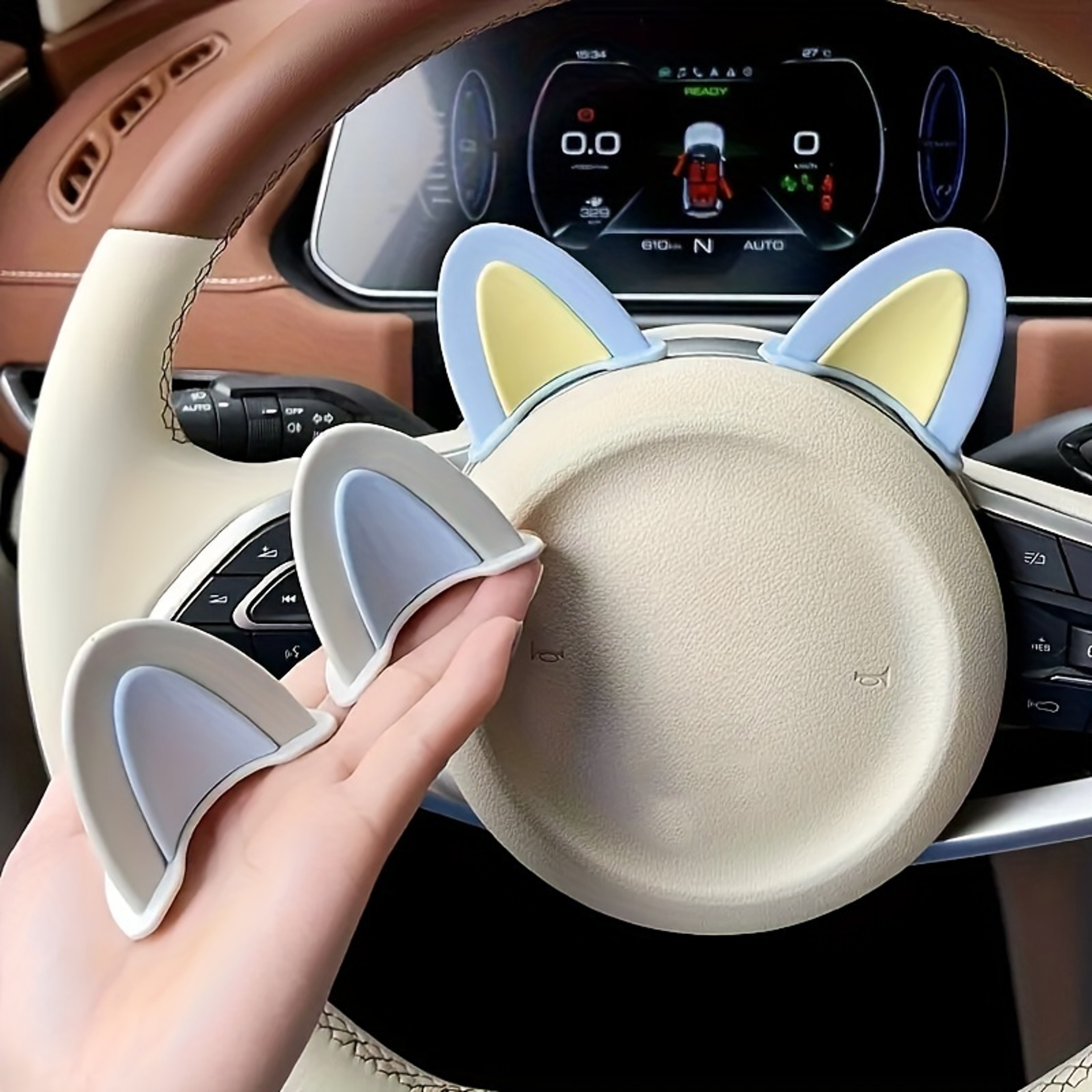 Cat Ear Steering Wheel Cover Cute Kawaii Car Decor Non Slip Grip Set 2