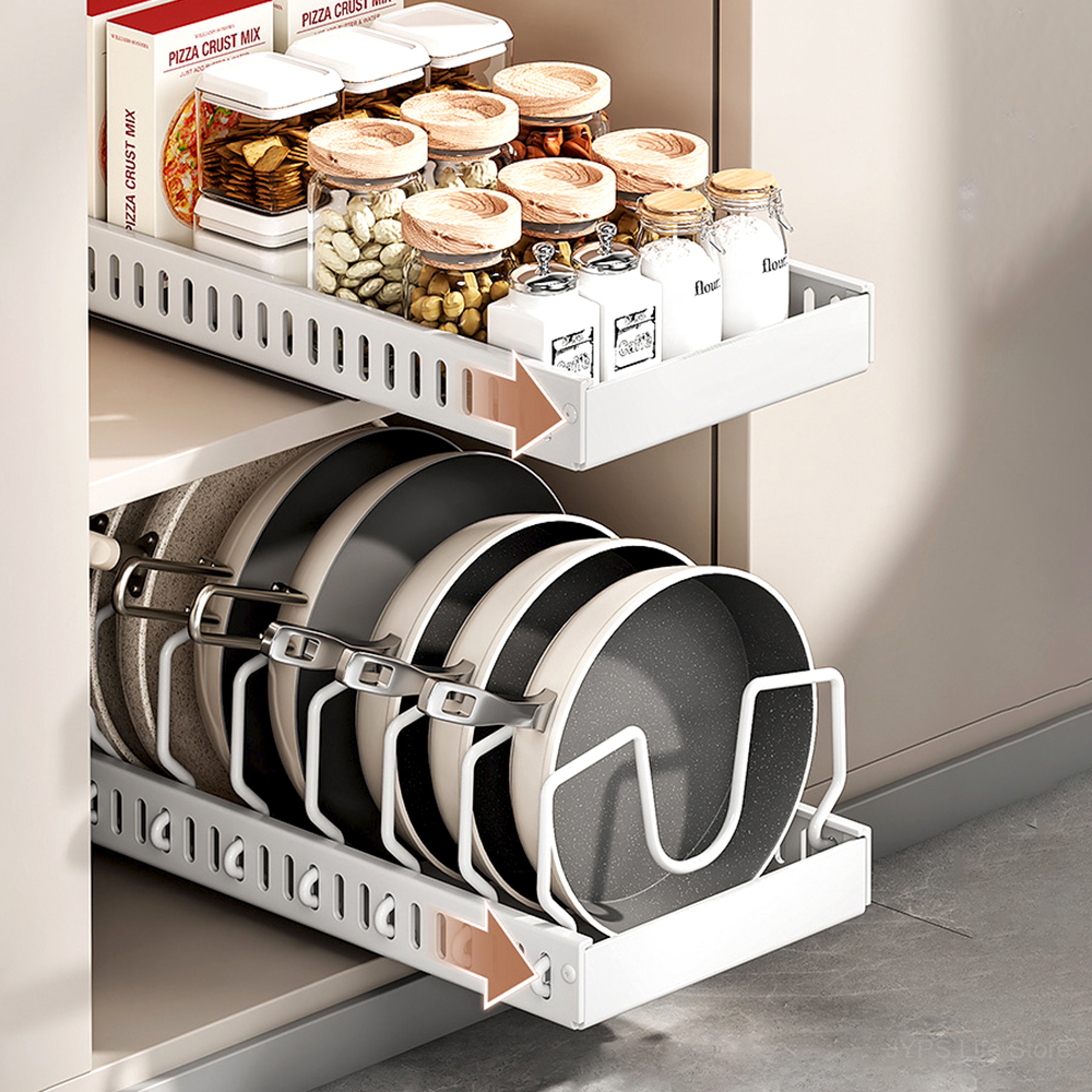 SlideEase Pull Out Pots And Pans Organizer With Adjustable Dividers For Kitchen Cabinets 2