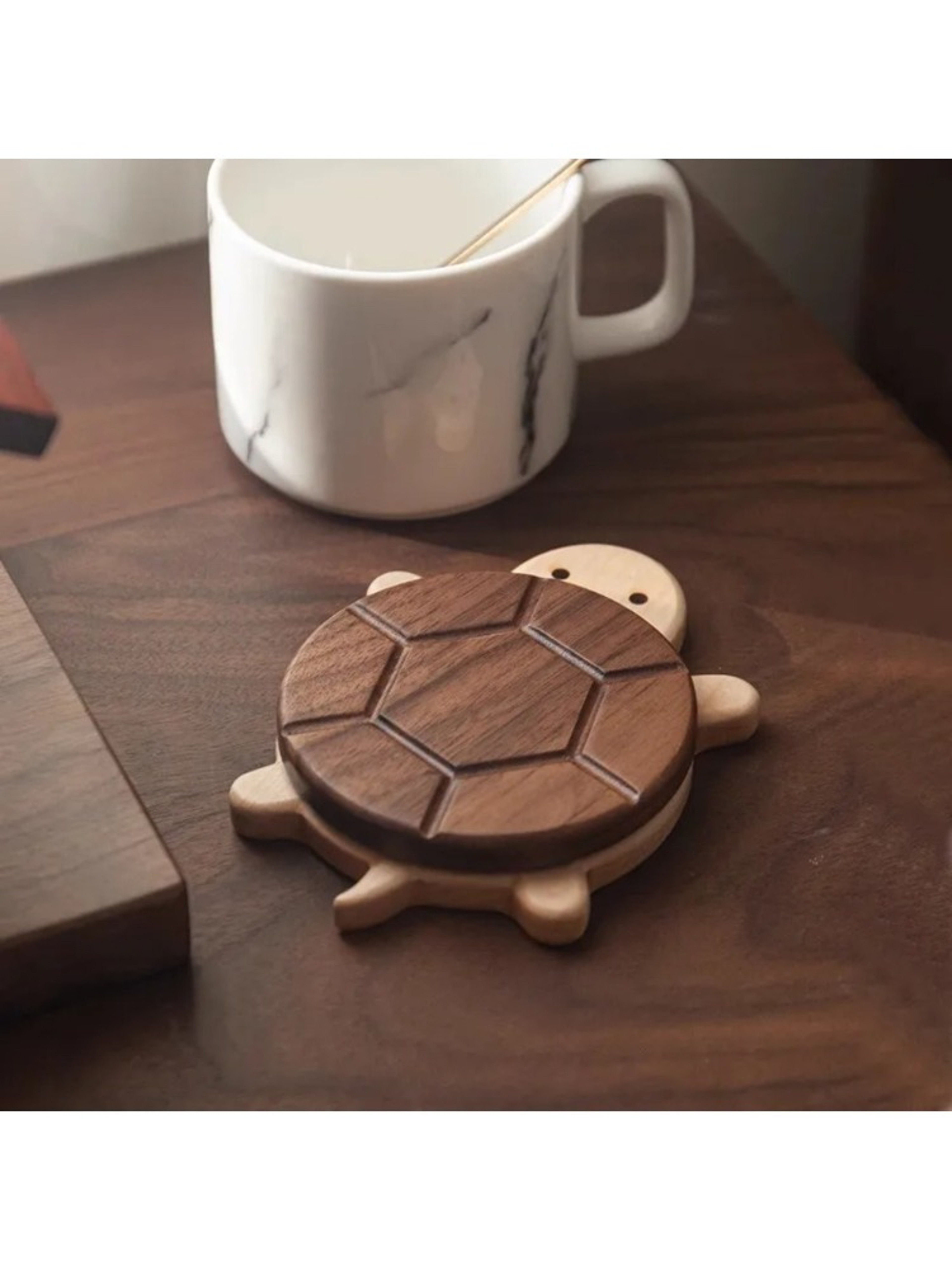 Walnut Wood Turtle Heat Resistant Coaster and Wooden Trivet Tea Kettle Stand – view 7