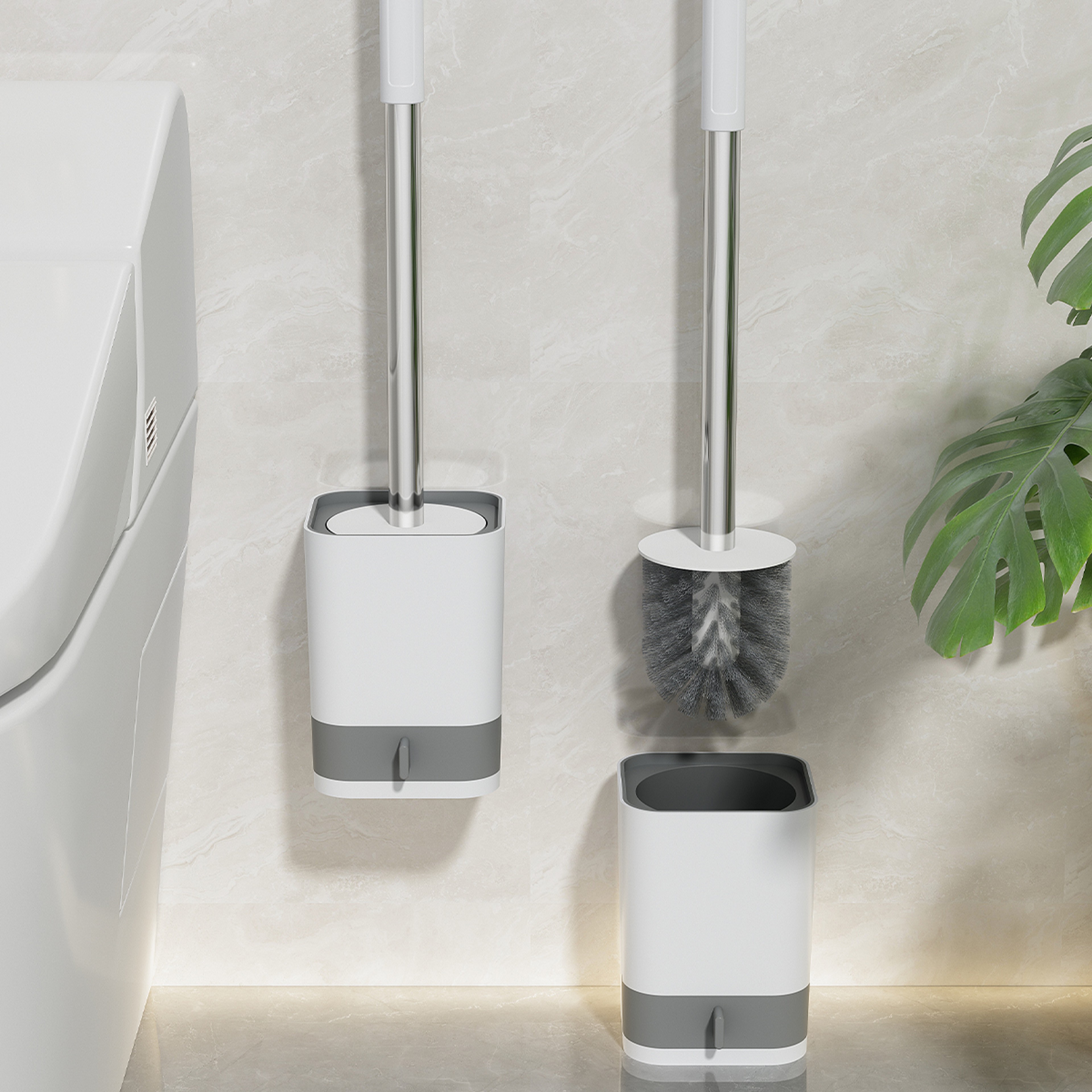 Wall Mounted Toilet Brush With Holder Long Handle Self Draining Bathroom Cleaner 2