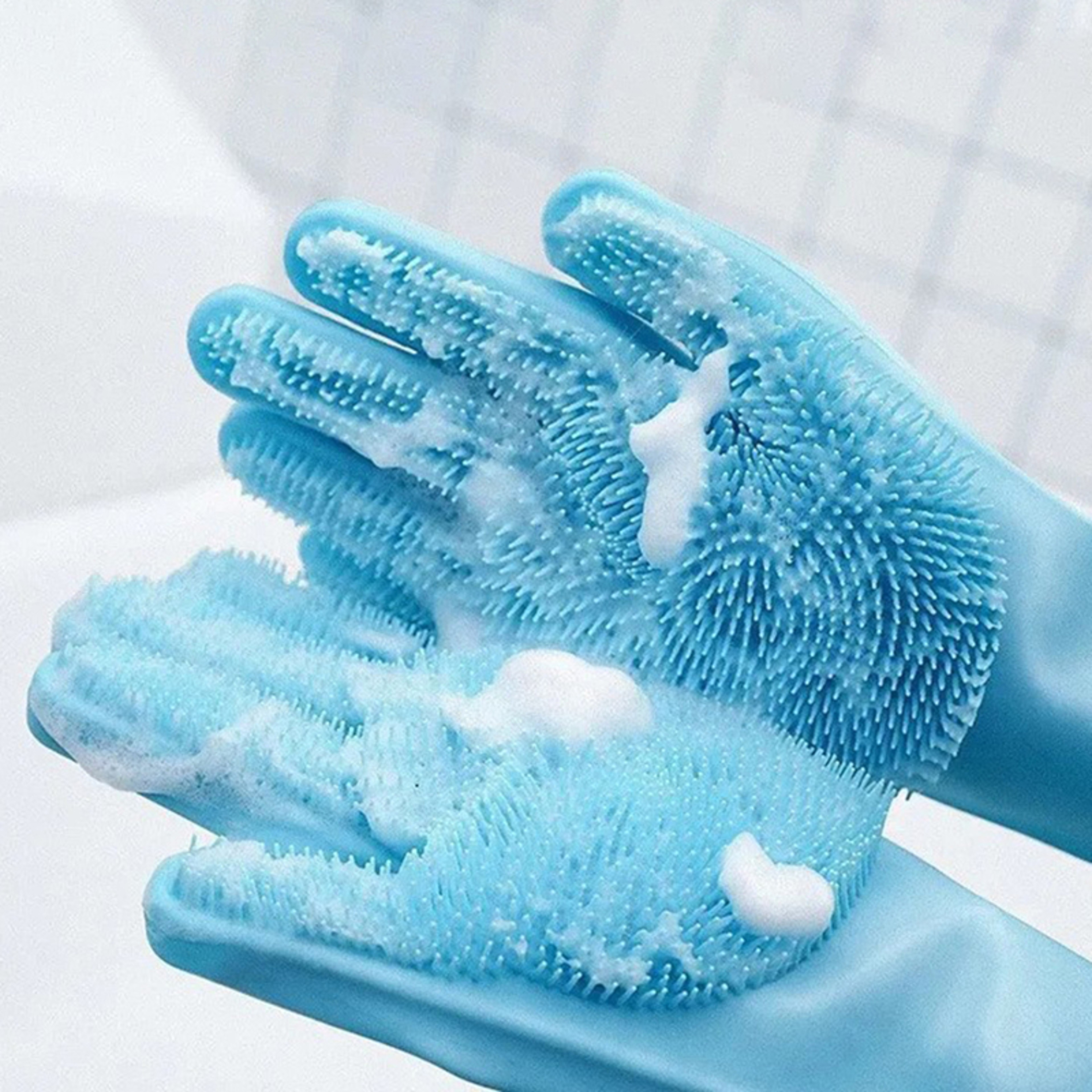 Silicone Dishwashing Gloves Reusable Kitchen Cleaning Gloves with Soft Scrubbing Bristles for Dishes & Pet Care – view 2
