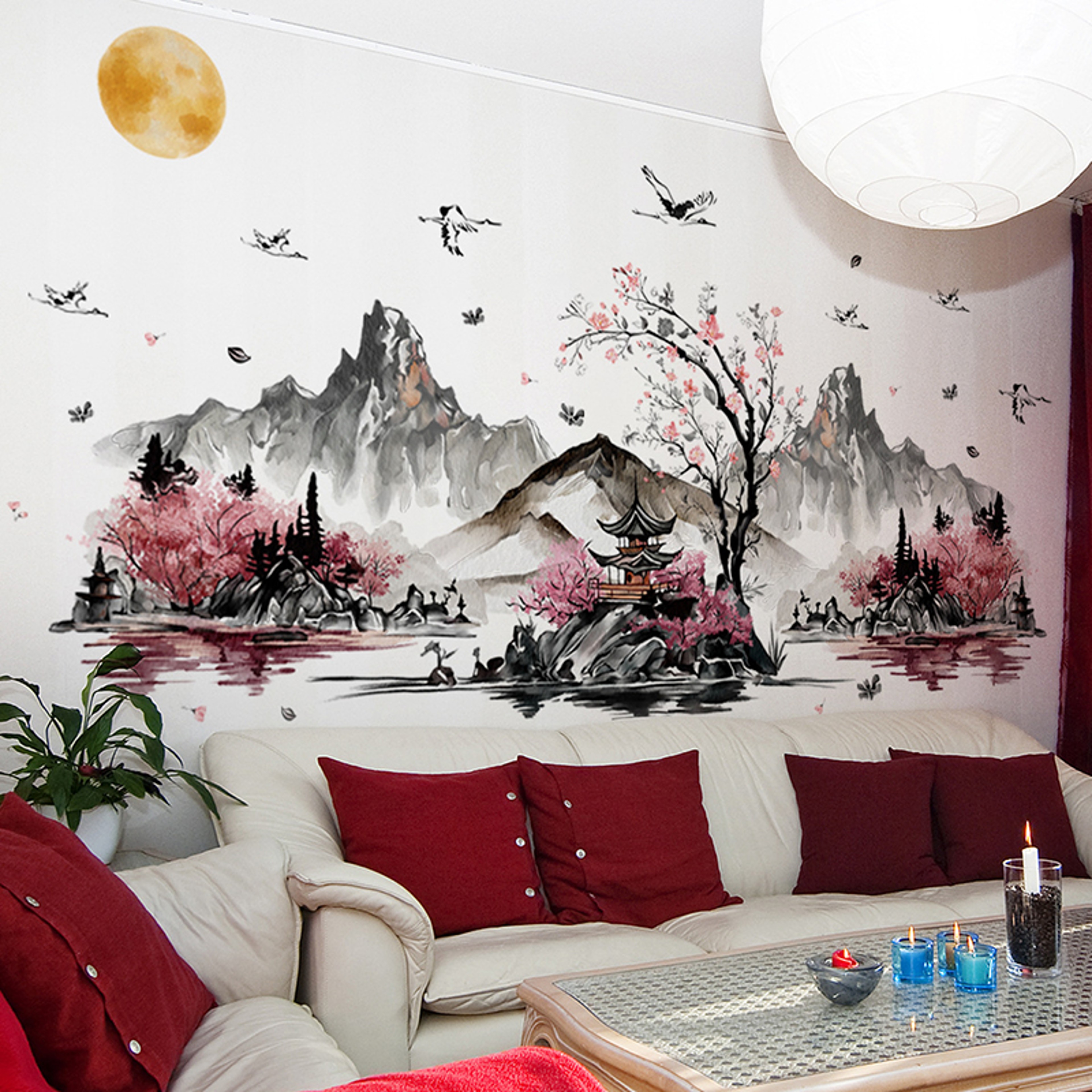 Chinese Landscape Crane Wall Decal Self Adhesive Wall Mural For Living Room Home Decor 4