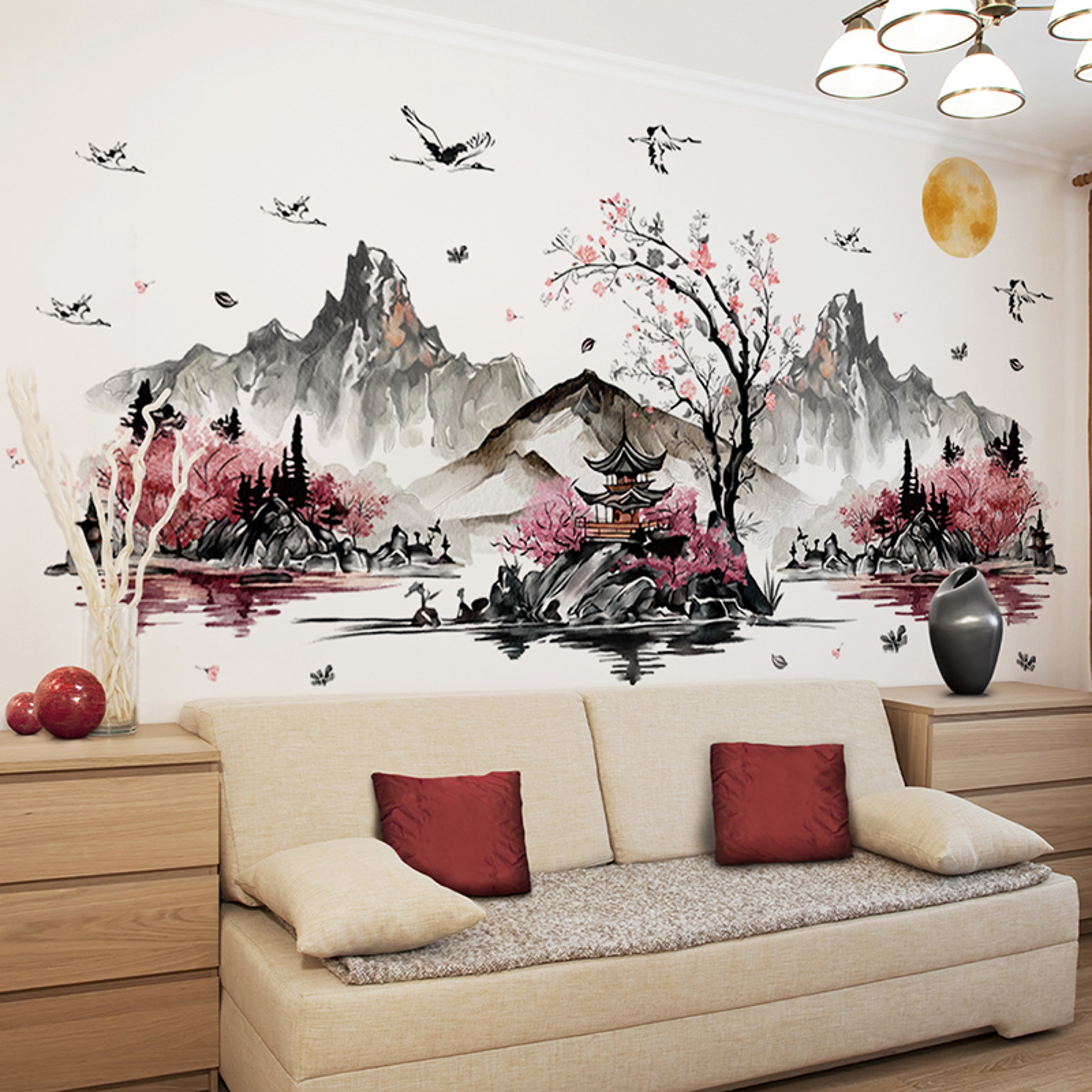 Chinese Landscape Crane Wall Decal Self Adhesive Wall Mural For Living Room Home Decor 5