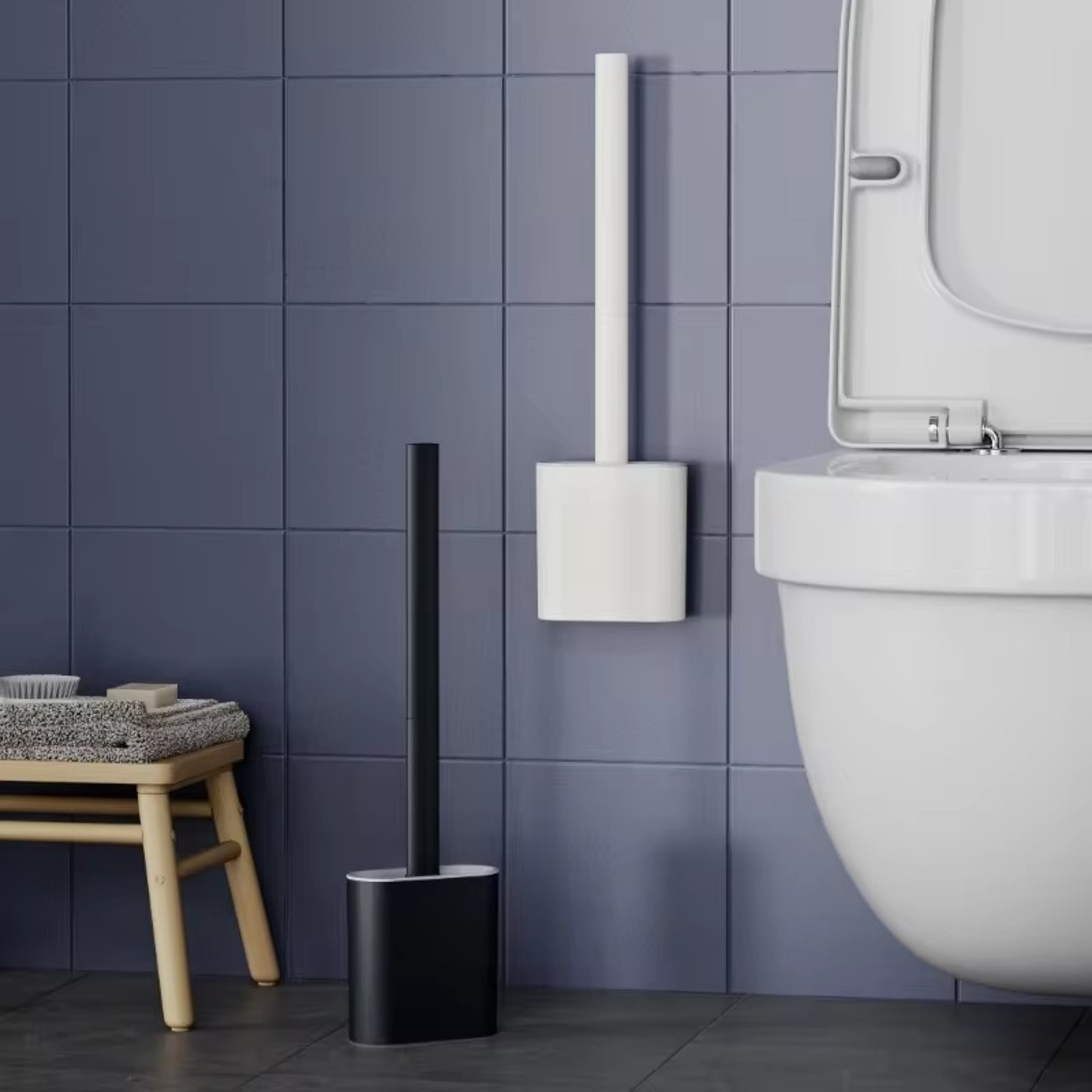 Silicone Toilet Brush With Holder Wall Mounted Flat Bathroom Cleaning Brush 0