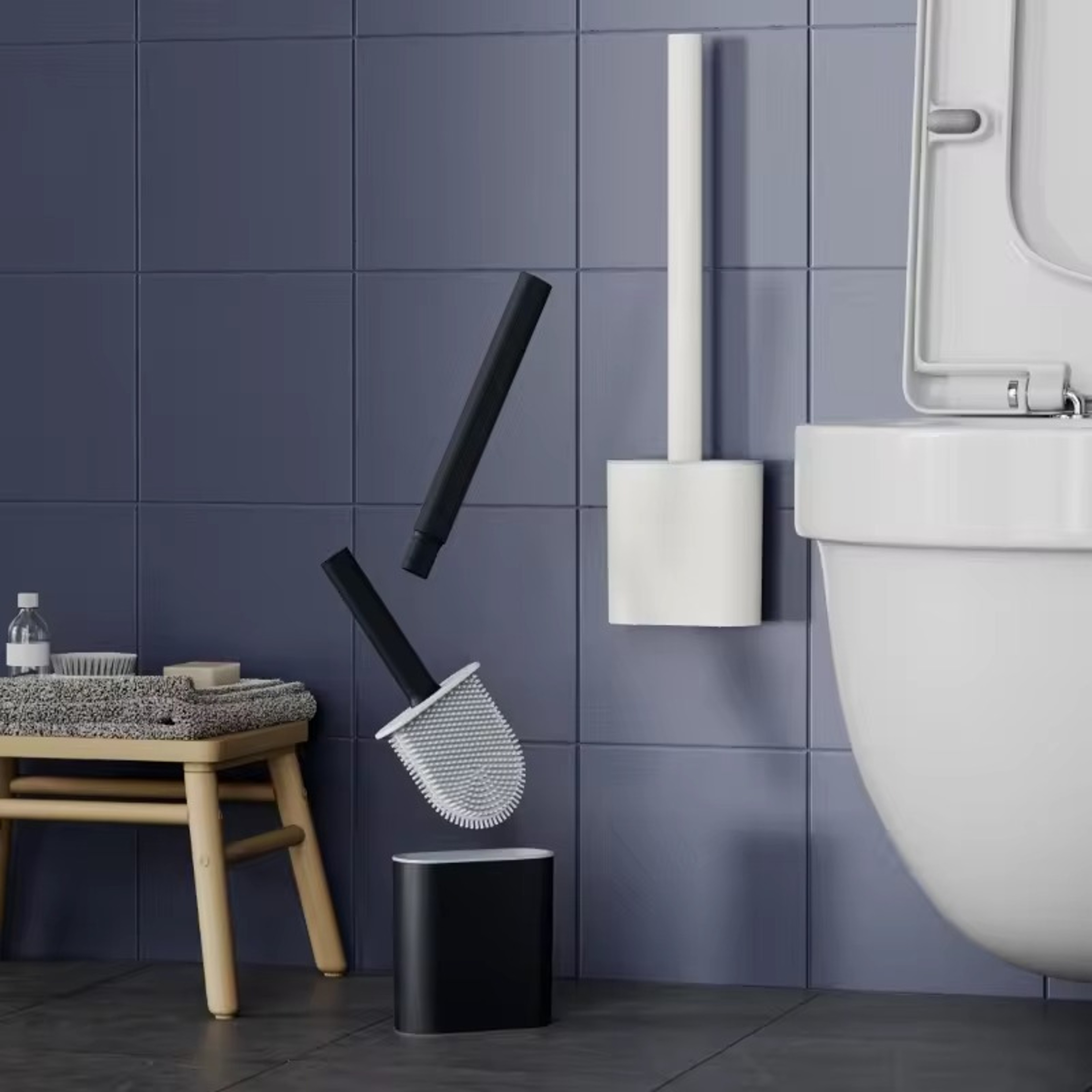 Silicone Toilet Brush With Holder Wall Mounted Flat Bathroom Cleaning Brush 4