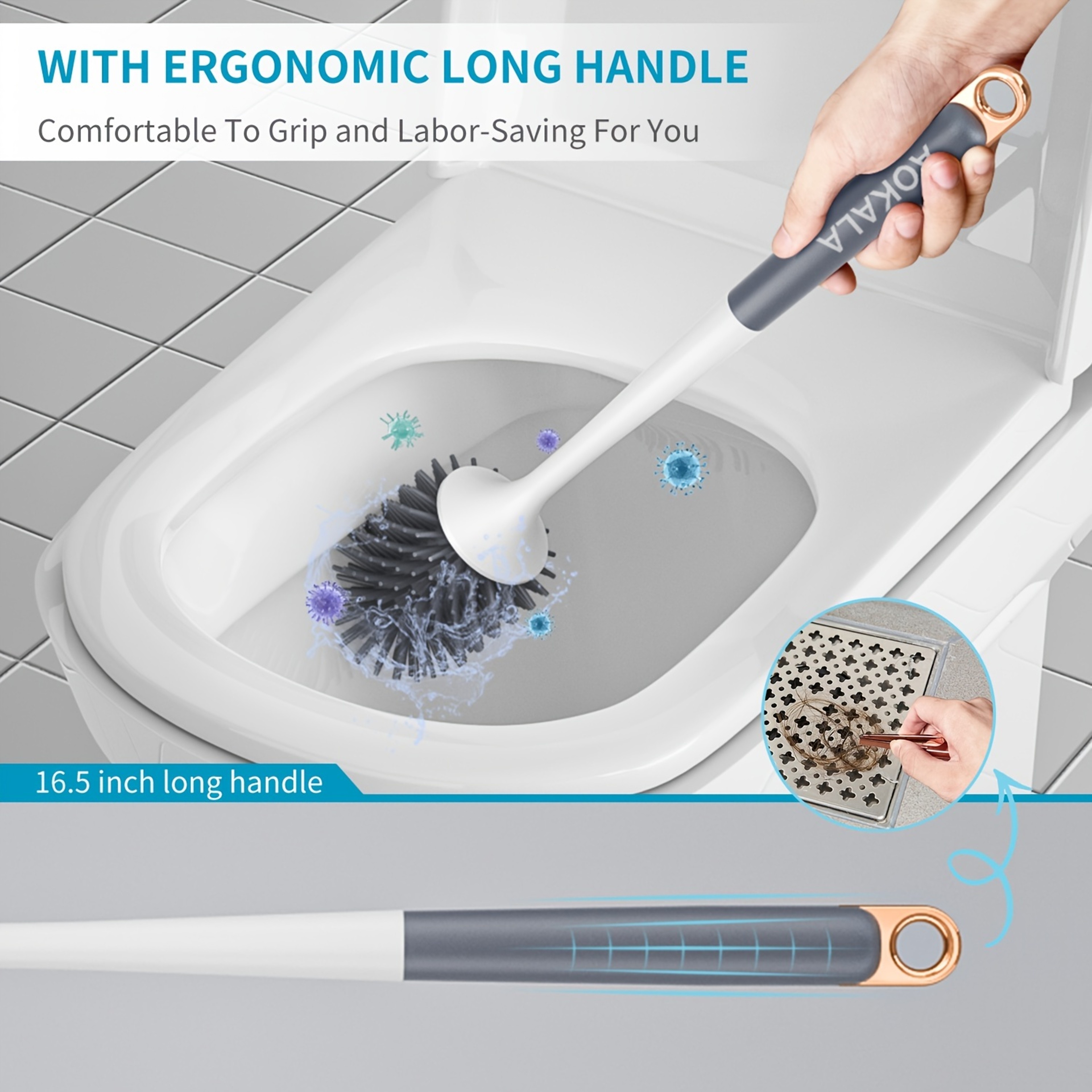 Silicone Toilet Brush with Holder & Tweezers Long Handle Bathroom Cleaning Set – view 3