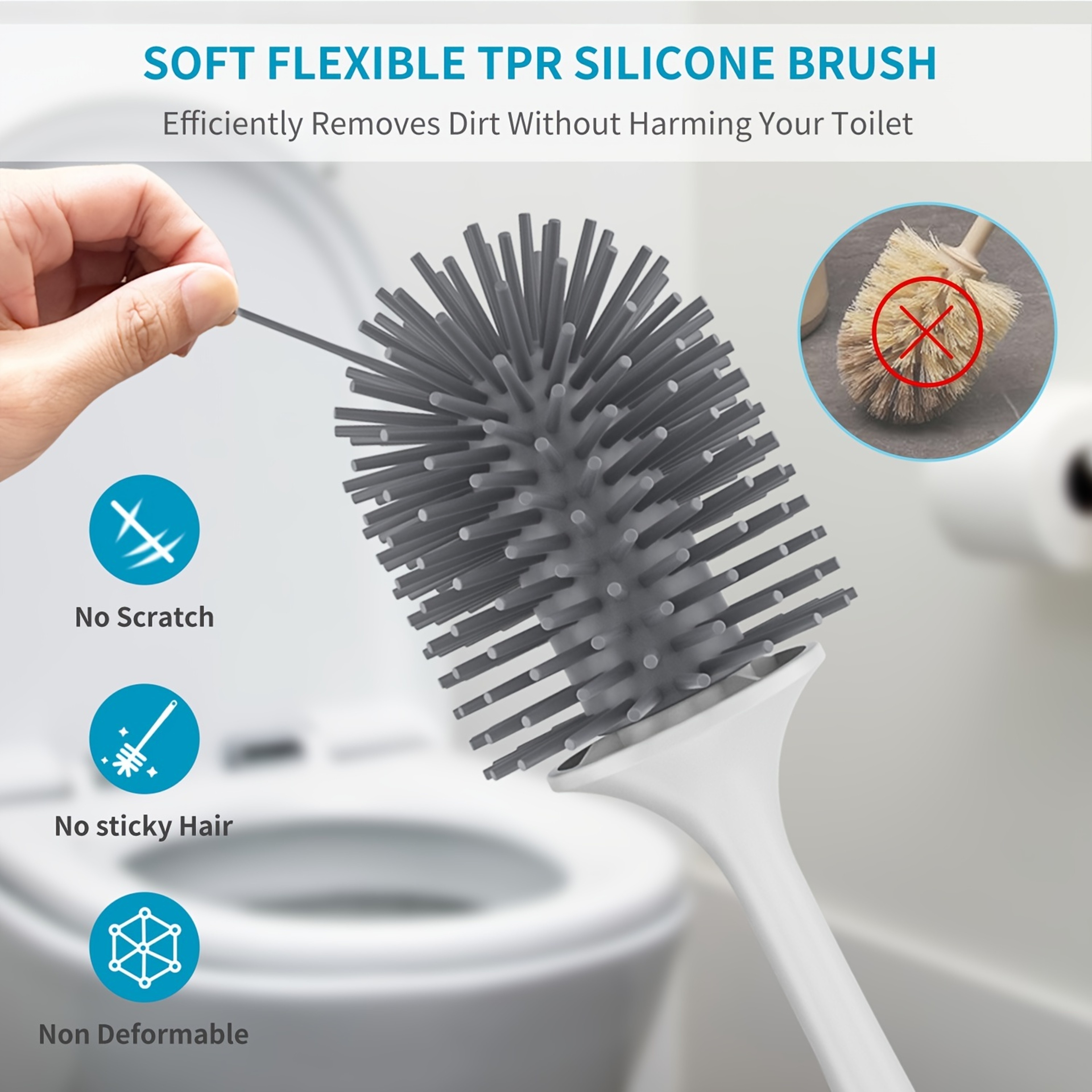 Silicone Toilet Brush with Holder & Tweezers Long Handle Bathroom Cleaning Set – view 5