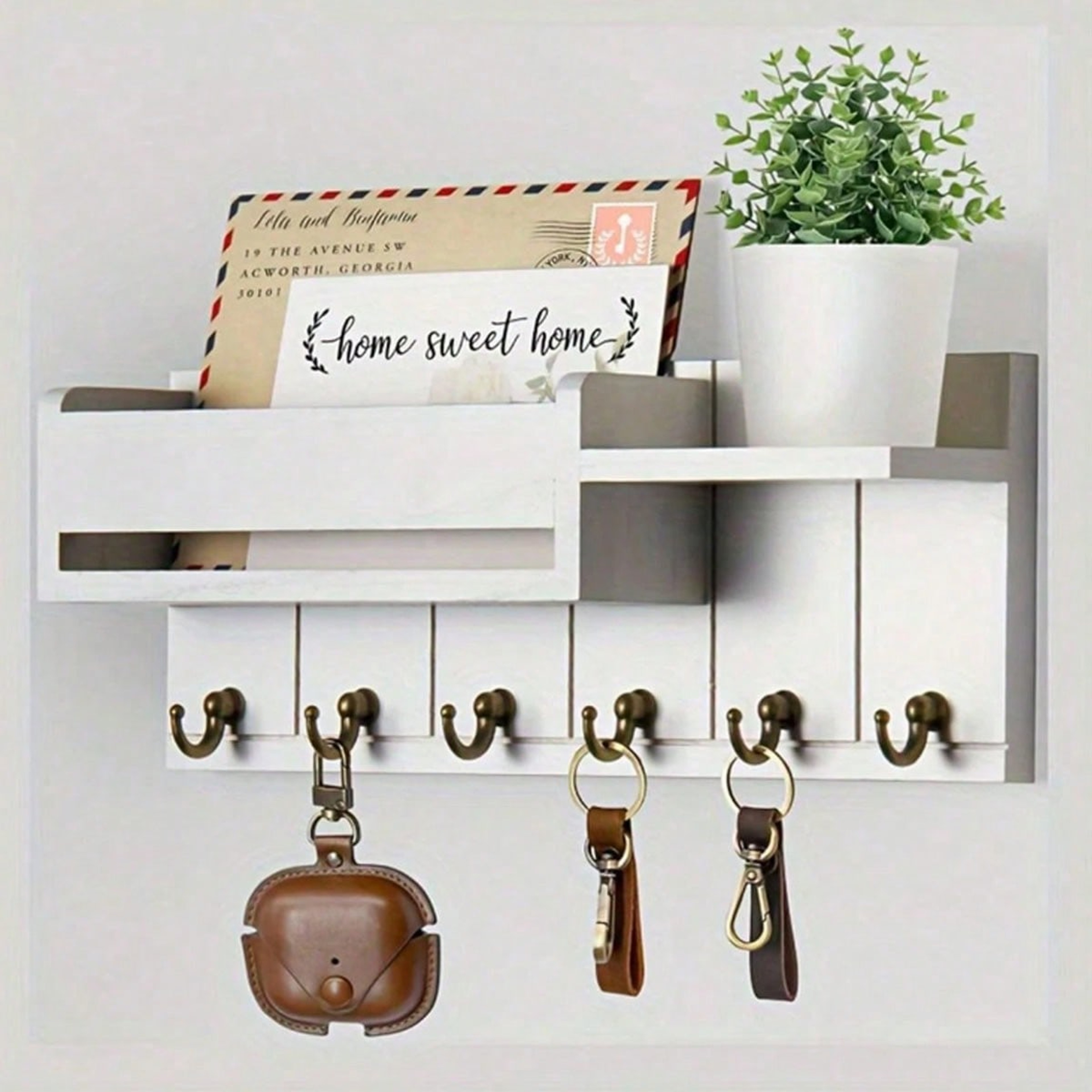 Vintage Wall Mounted Key Rack with Mail Holder & Top Shelf, Farmhouse Wooden Entryway Organizer – view 9
