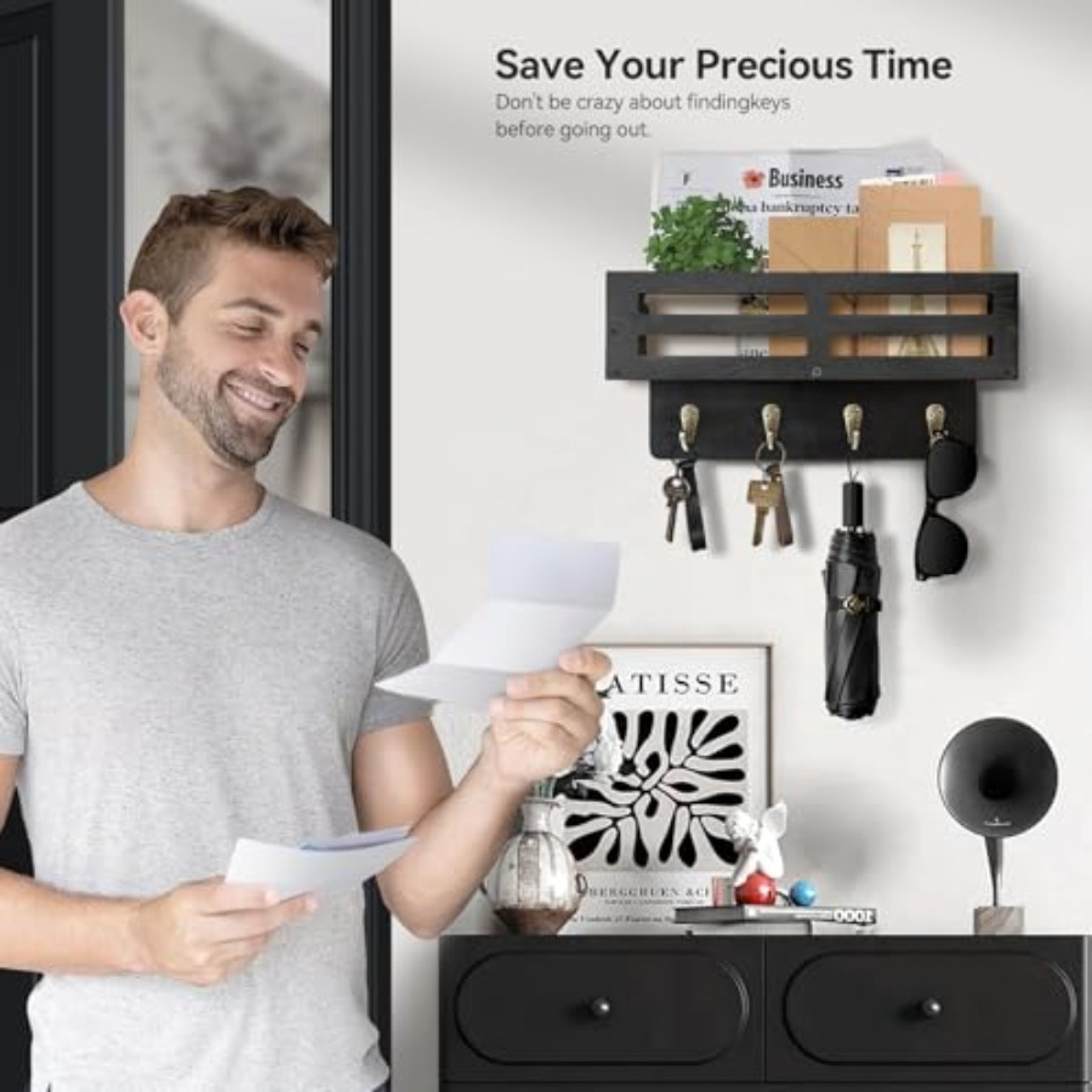 Rustic Key Holder Wall Mount with Mail Organizer for Wall, Hooks & Entryway Storage Shelf – view 3