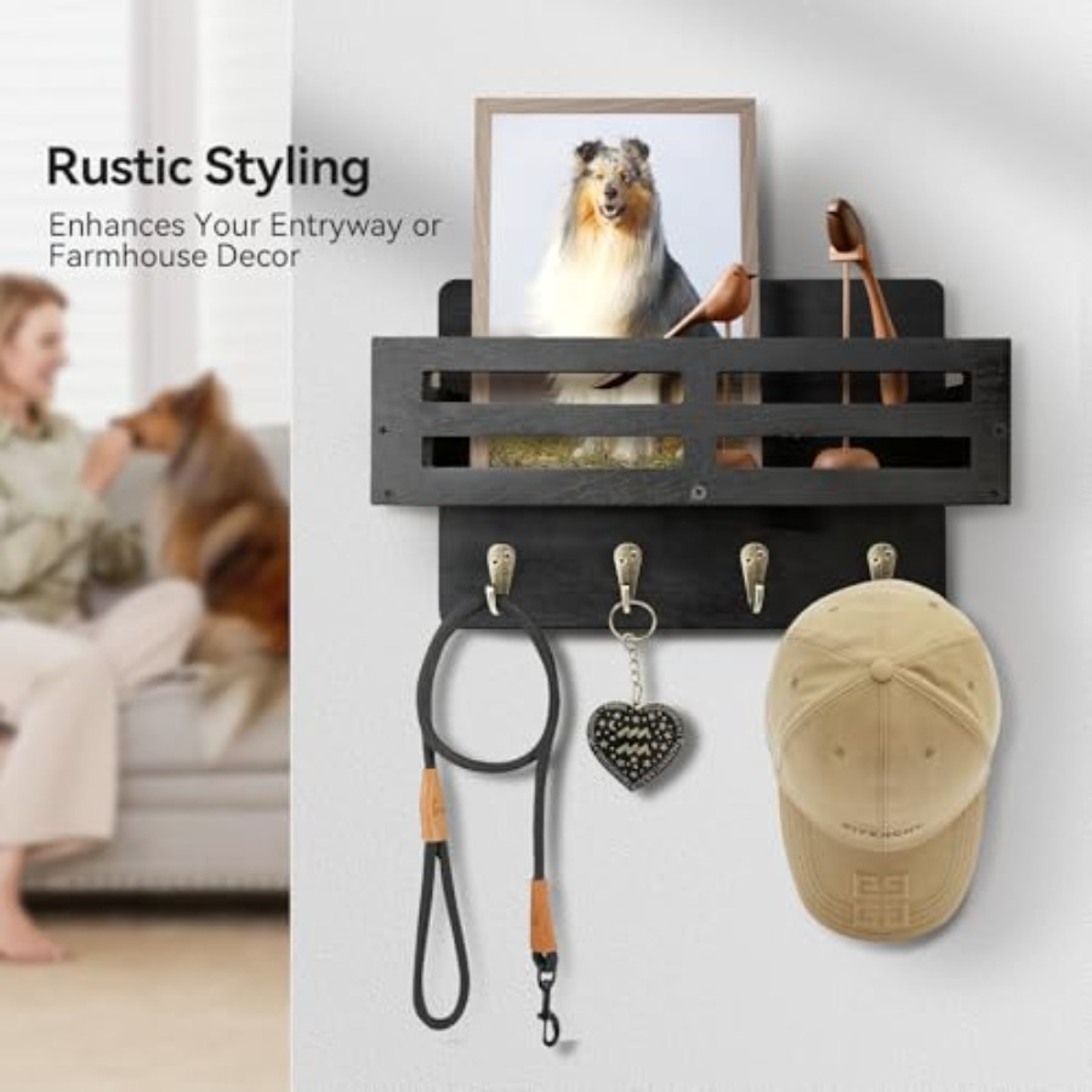 Rustic Key Holder Wall Mount with Mail Organizer for Wall, Hooks & Entryway Storage Shelf – view 5