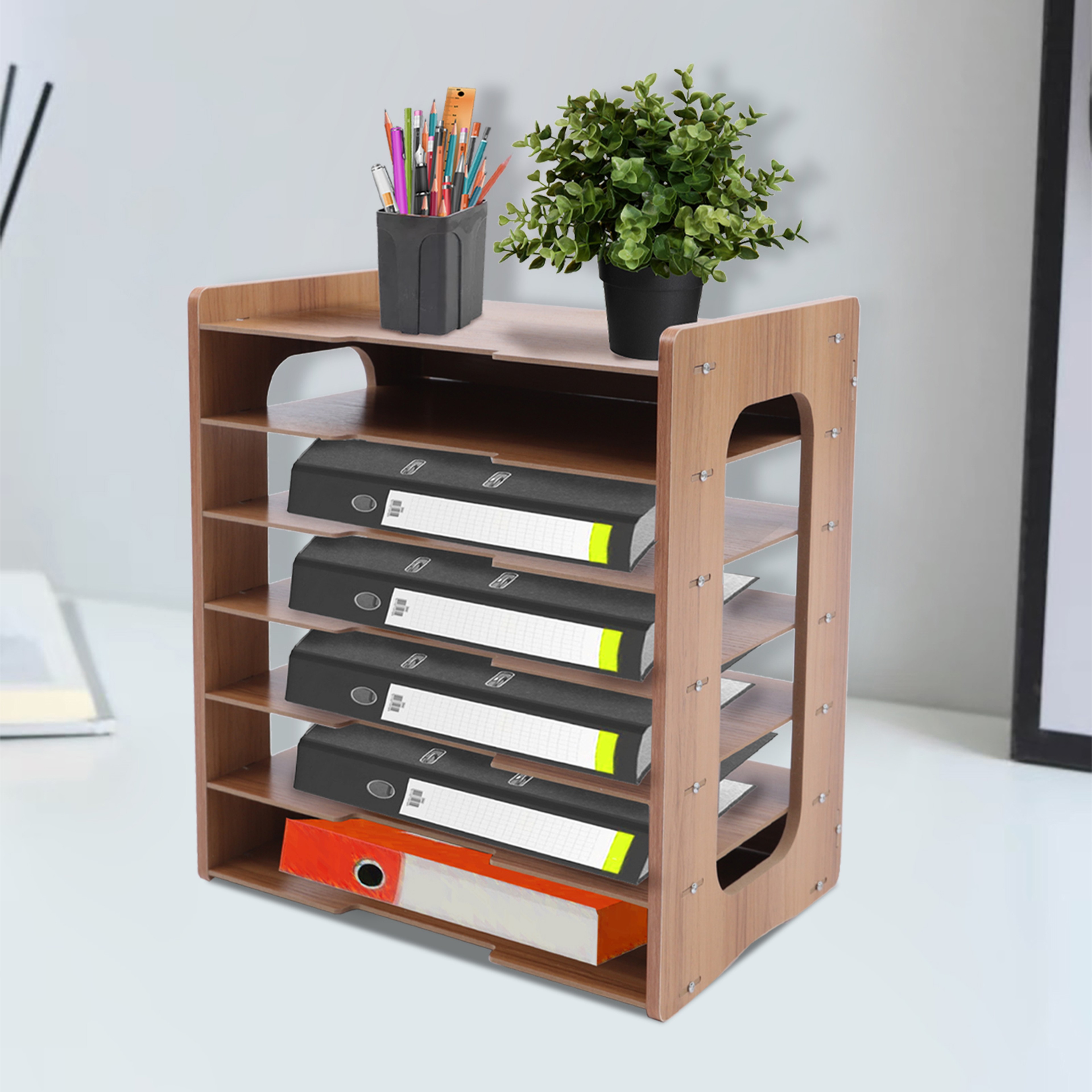 Tier Wooden Desk Organizer with Paper Sorter and Desktop File Storage – view 3