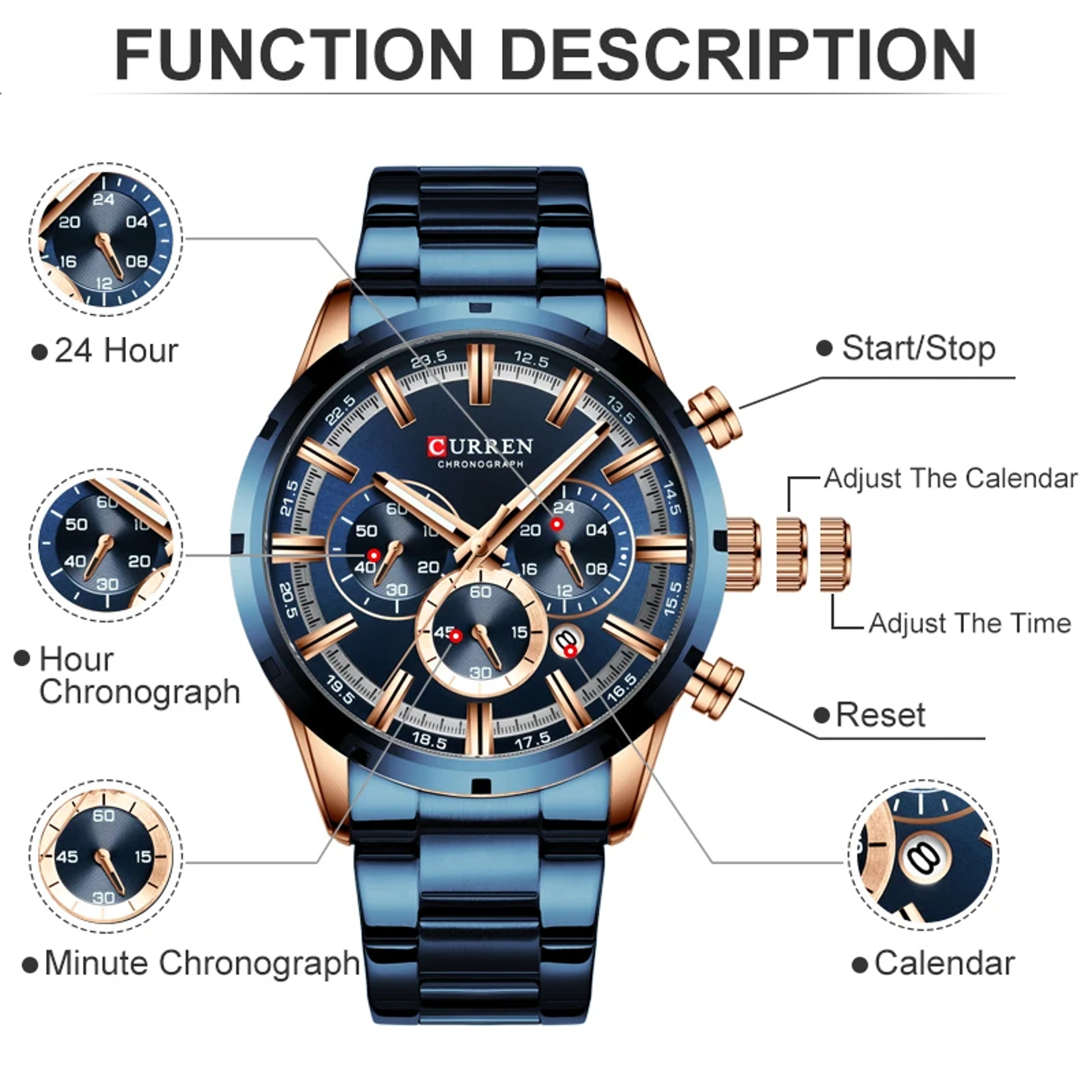 Multifunction Waterproof Watch Stainless Steel Business Calendar Wristwatch 5
