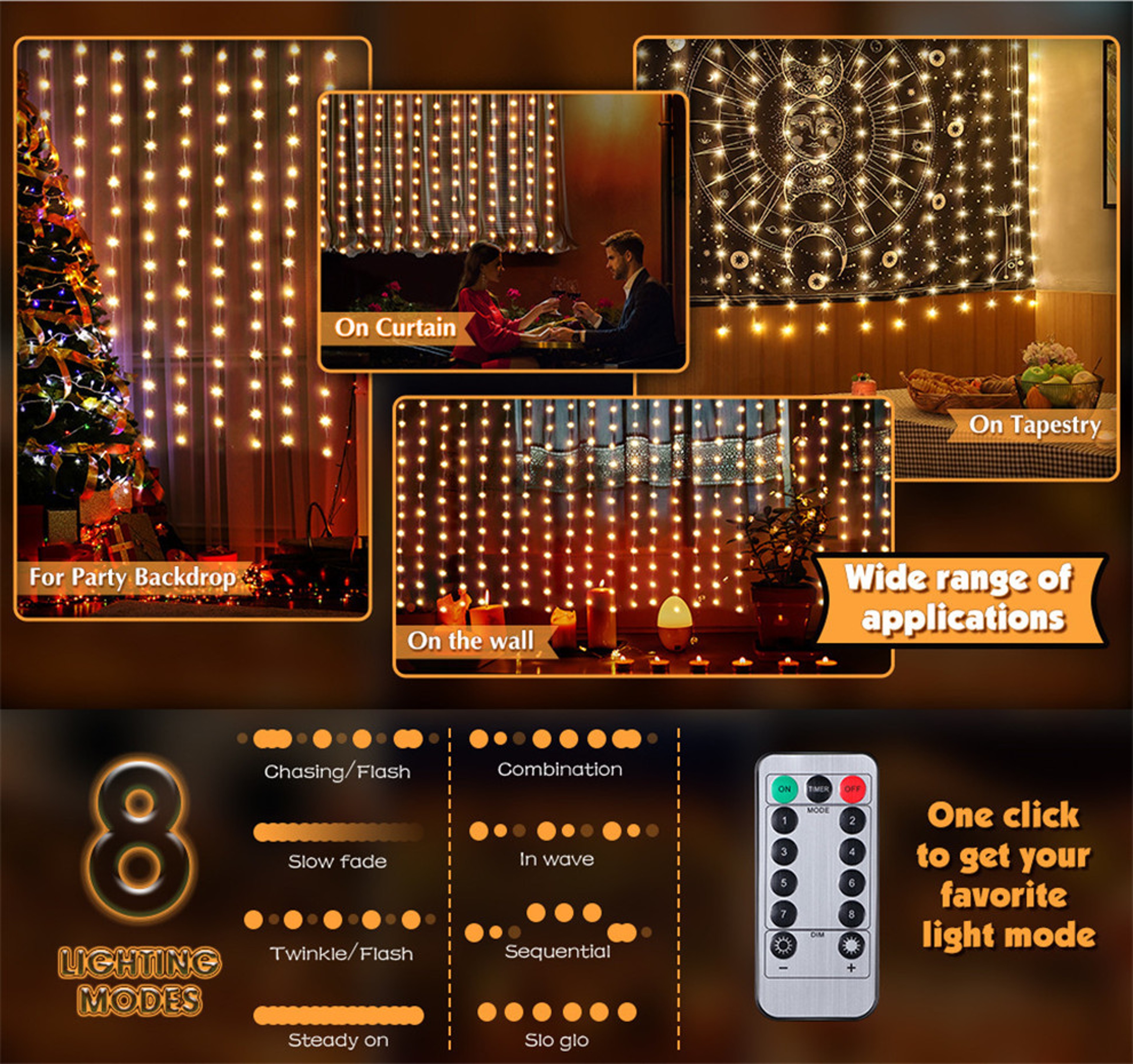LED Christmas Curtain String Lights with 8 Lighting Modes and USB Power – view 6