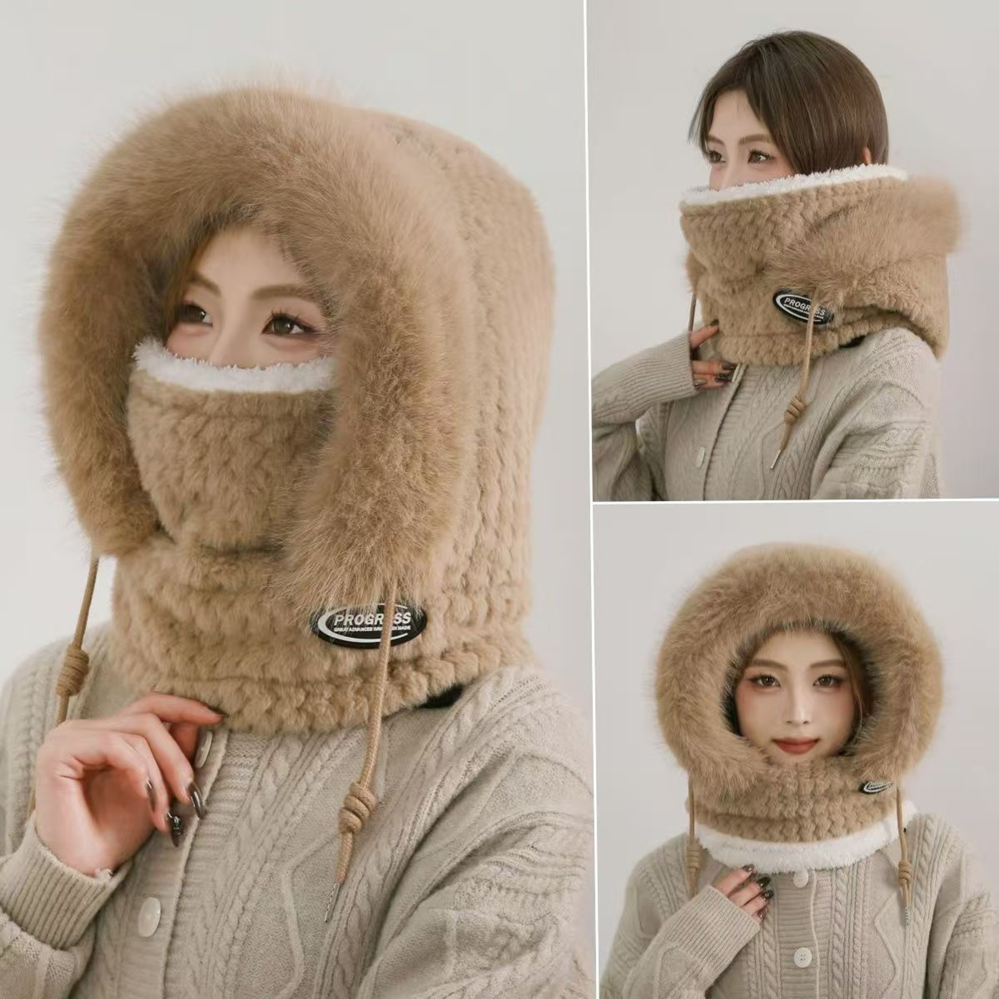 Womens Thermal Plush Hood Hat Scarf And Face Mask For Winter Outdoor Wear 4