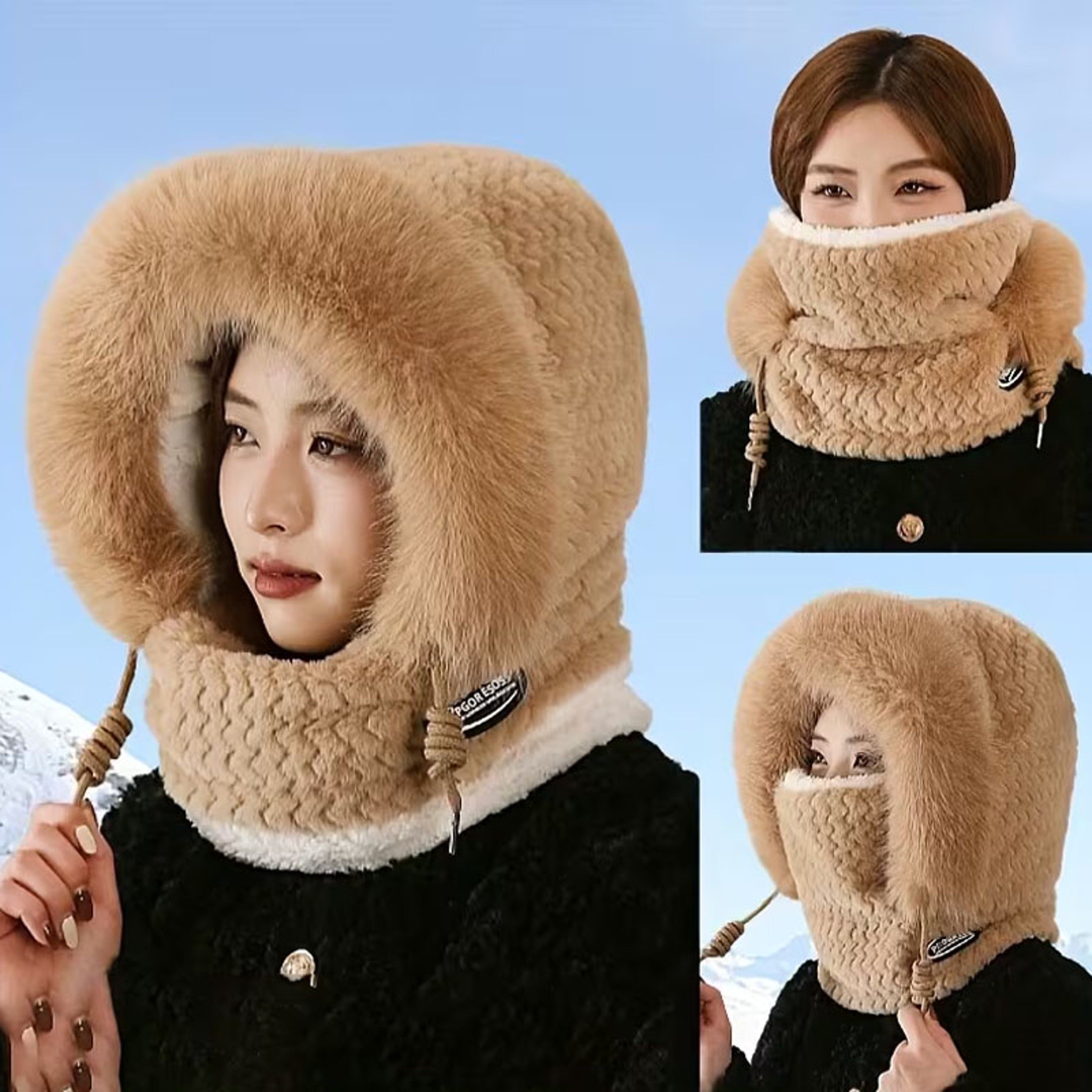 Womens Thermal Plush Hood Hat Scarf And Face Mask For Winter Outdoor Wear 5