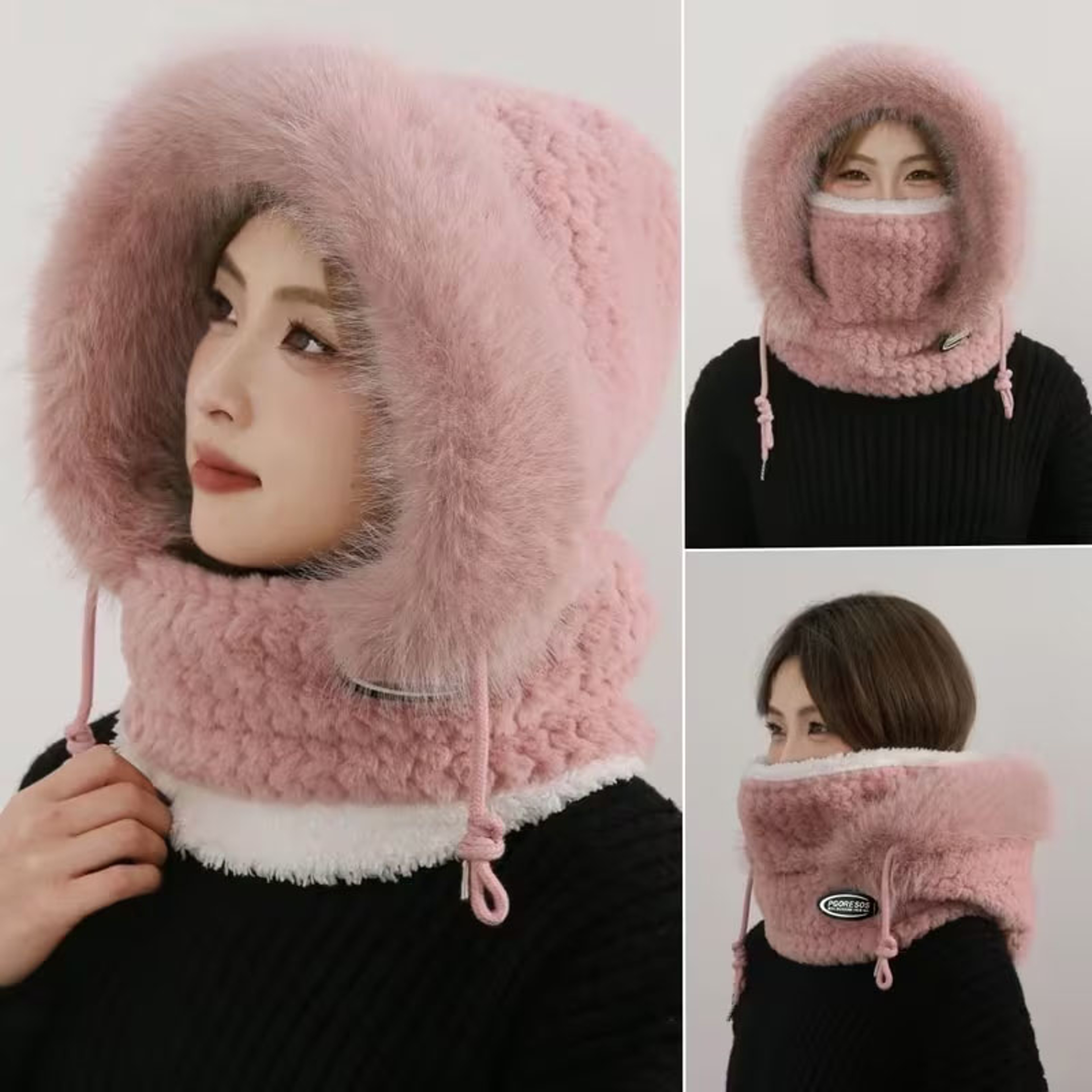 Womens Thermal Plush Hood Hat Scarf And Face Mask For Winter Outdoor Wear 7