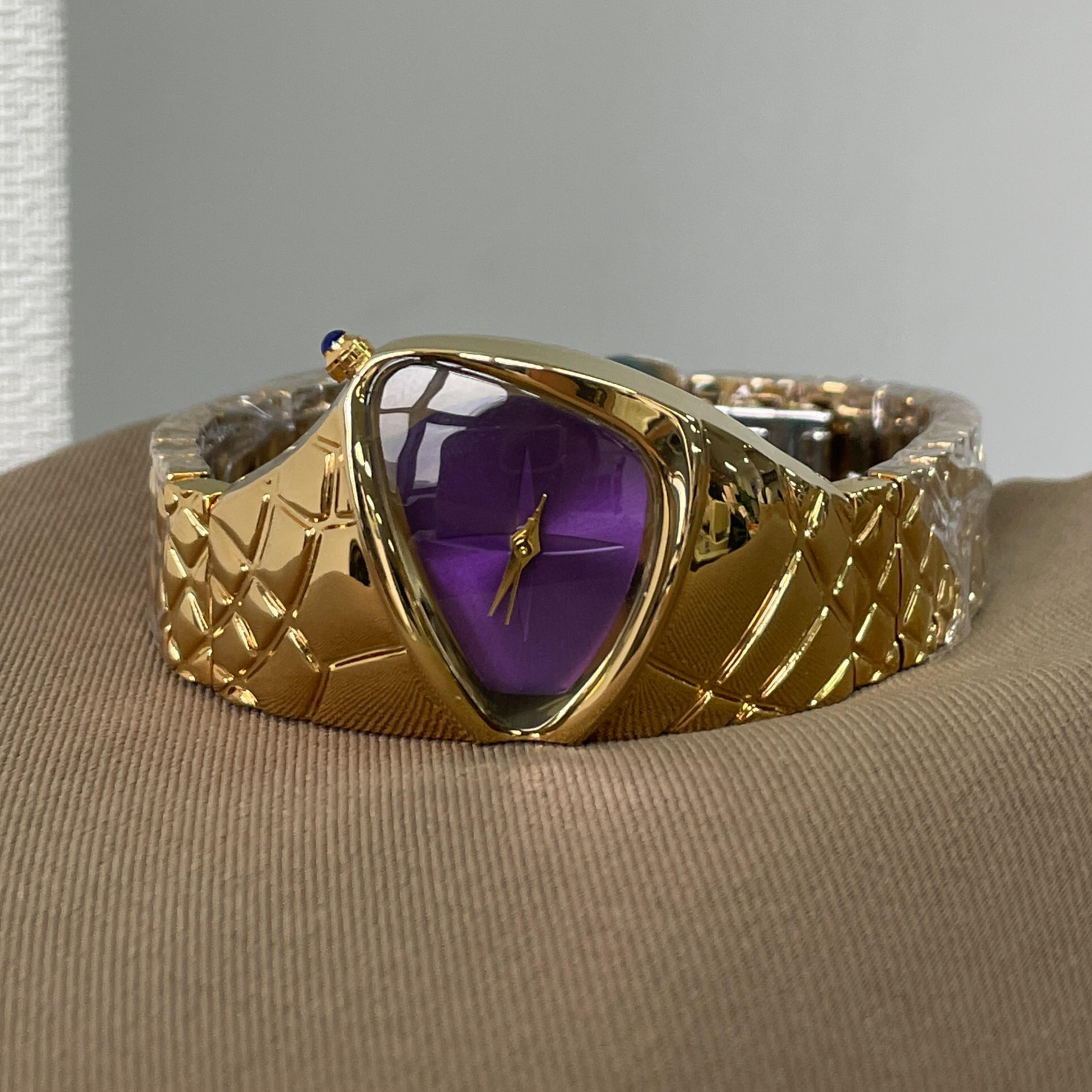 Women's Irregular Triangle Quartz Watch with Purple Dial and Gold Woven Bracelet – view 1