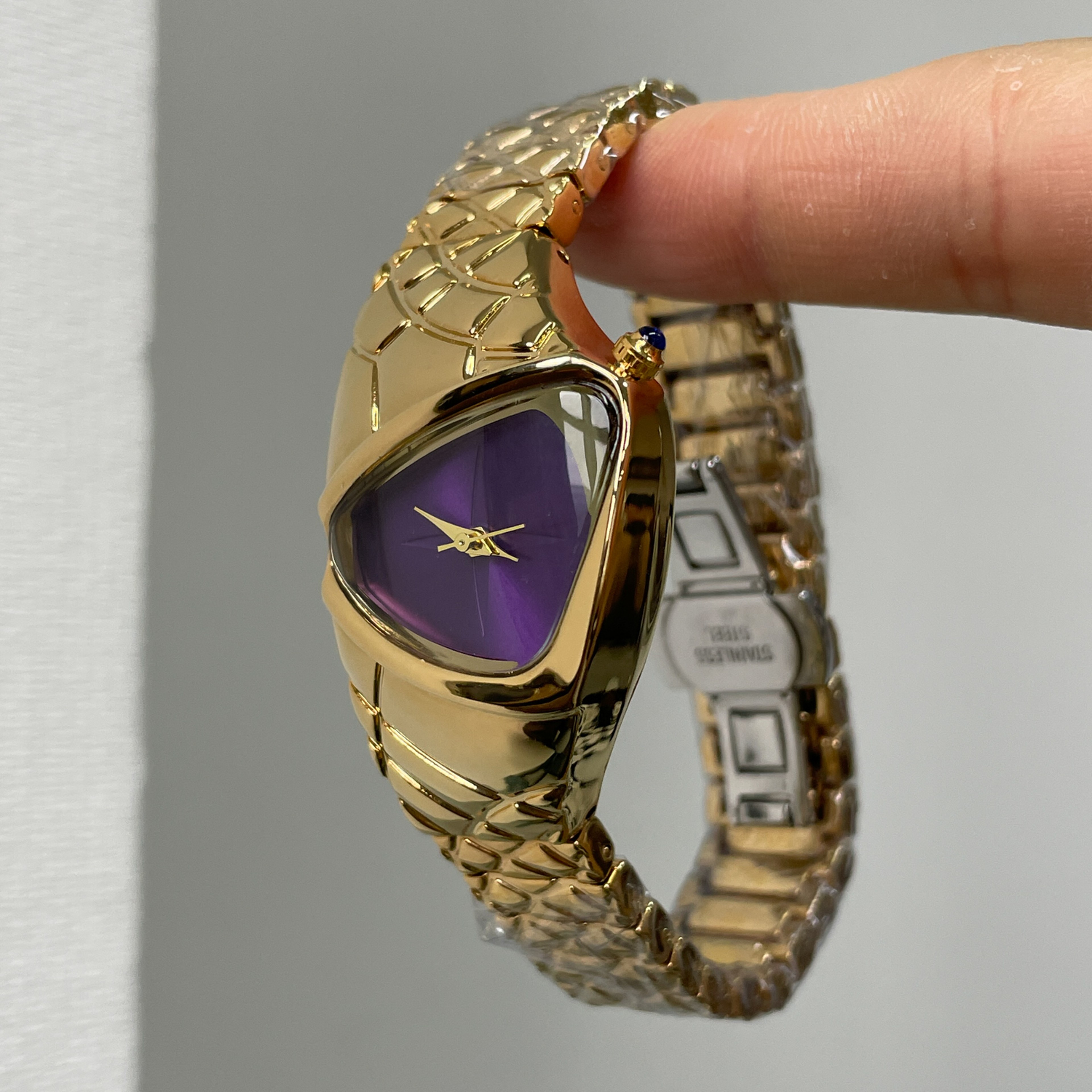 Women's Irregular Triangle Quartz Watch with Purple Dial and Gold Woven Bracelet – view 3