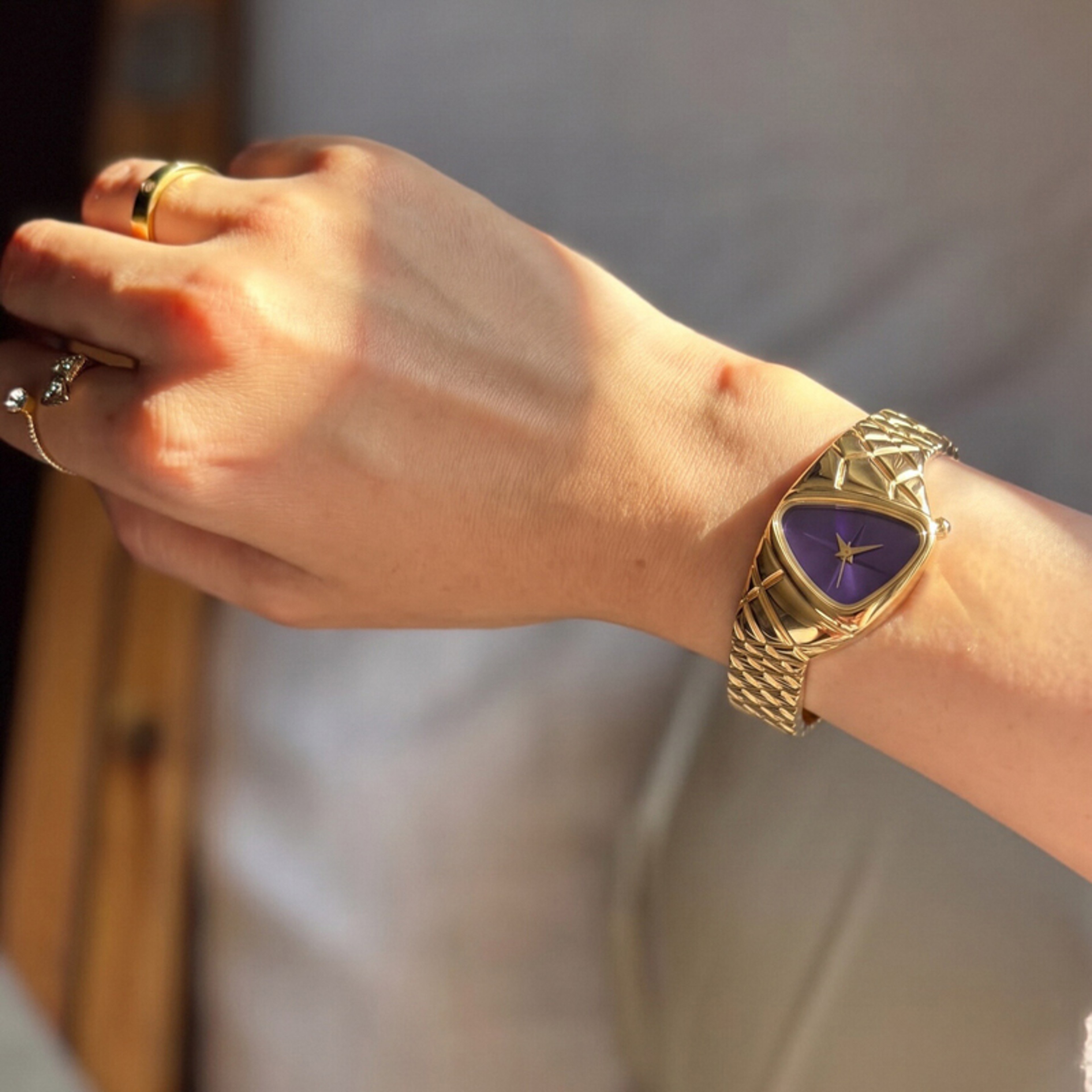 Women's Irregular Triangle Quartz Watch with Purple Dial and Gold Woven Bracelet – view 4
