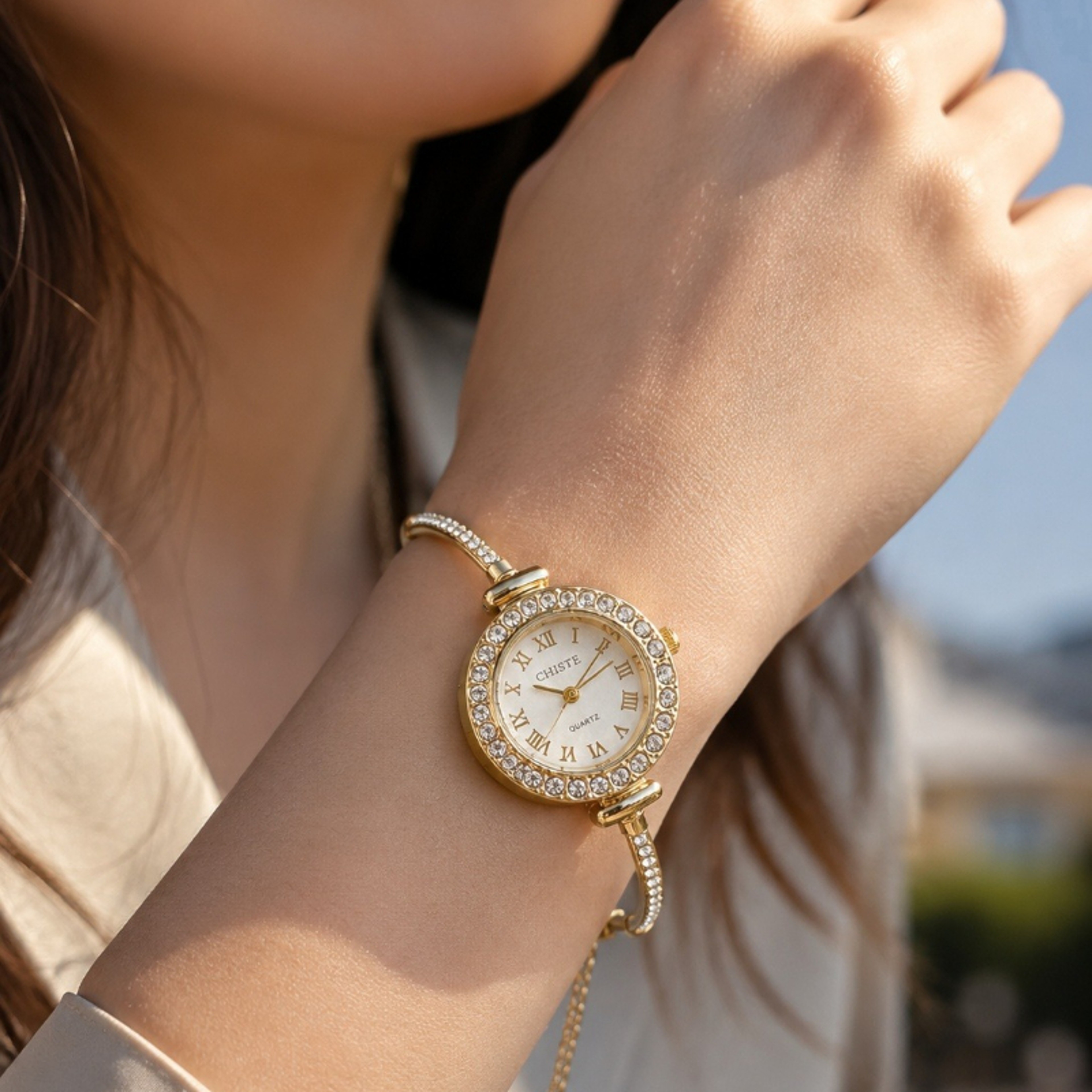 Women's Rhinestone Quartz Watch with Slim Gold Bracelet and Roman Numeral Dial – view 5
