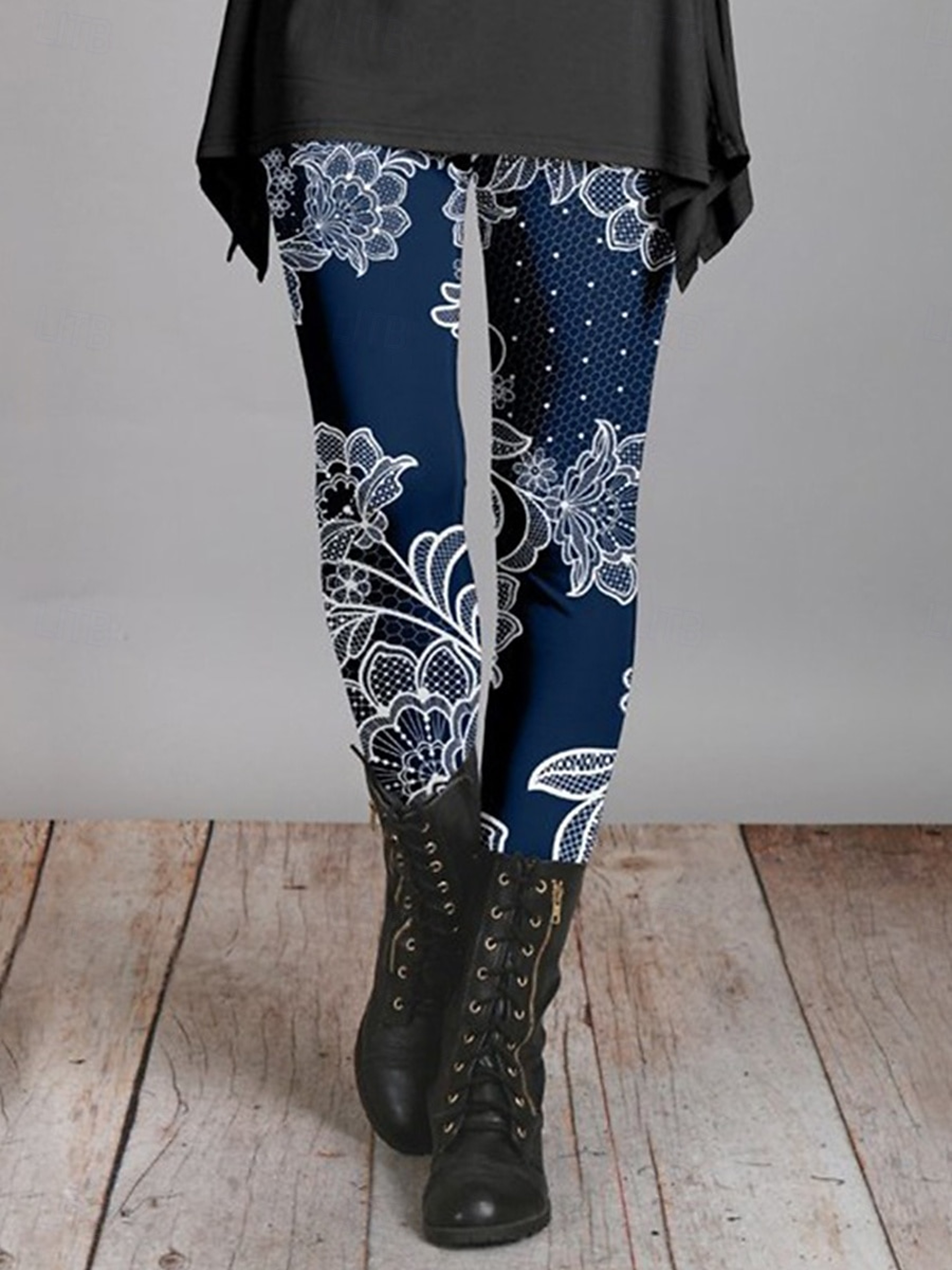 Women's Vintage Floral Print Fleece Leggings with Stretch Elastic Waist – view 3