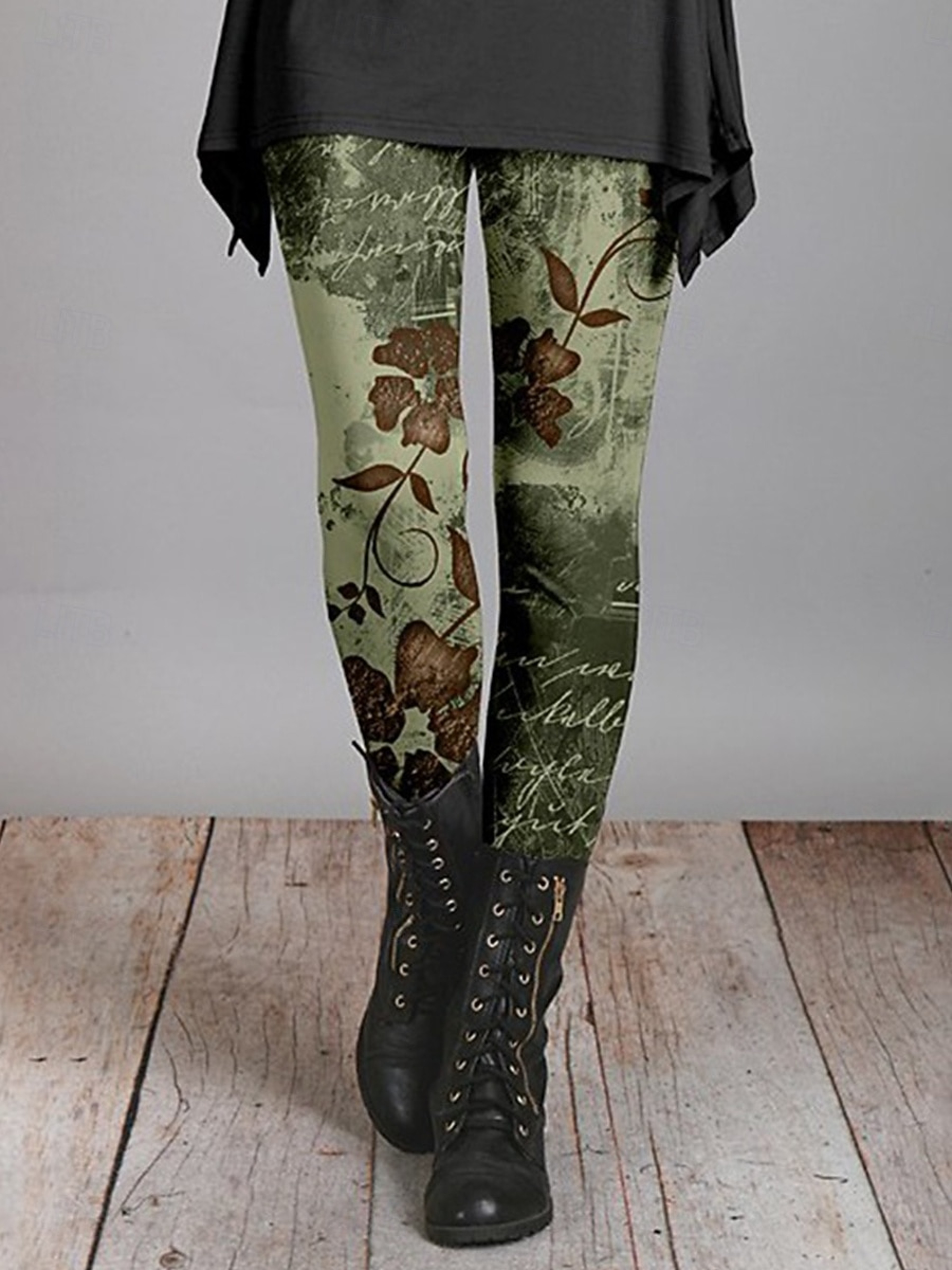 Women's Vintage Floral Print Fleece Leggings with Stretch Elastic Waist – view 12