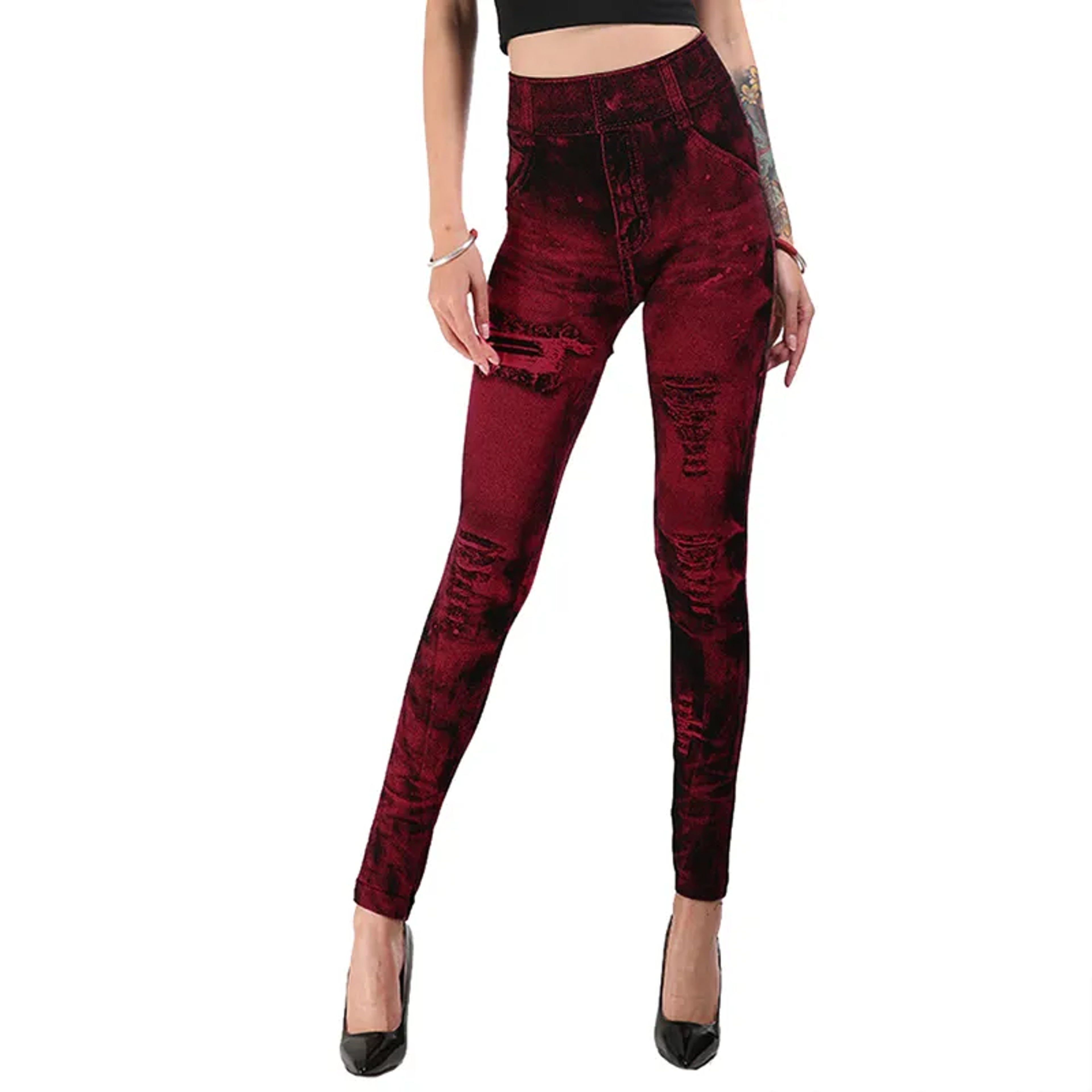 Women's High Waist Denim Print Stretch Leggings for Casual Wear – view 3