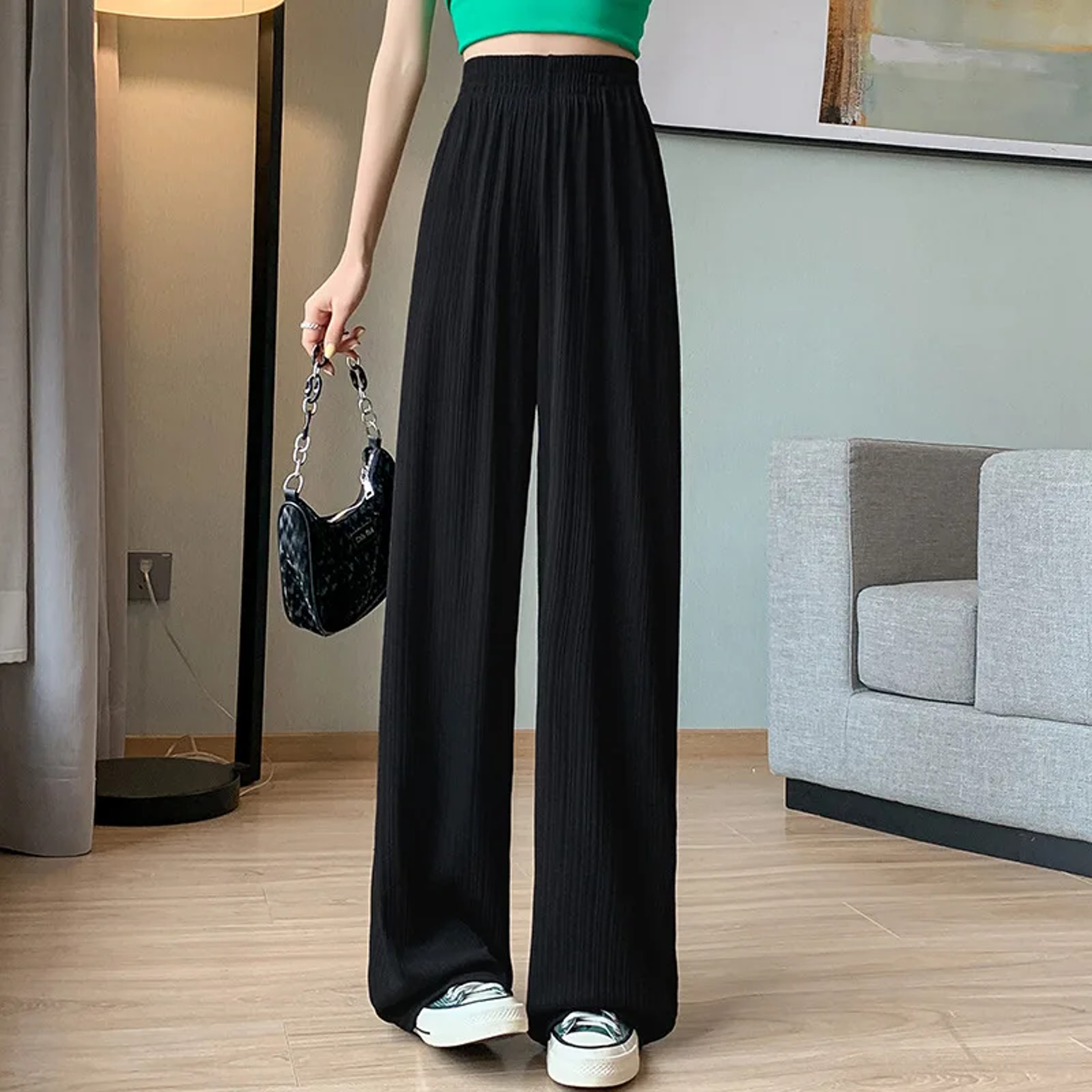 Women's High-Waisted Wide-Leg Pants Lightweight Striped Chiffon Ankle-Length Trousers – view 11