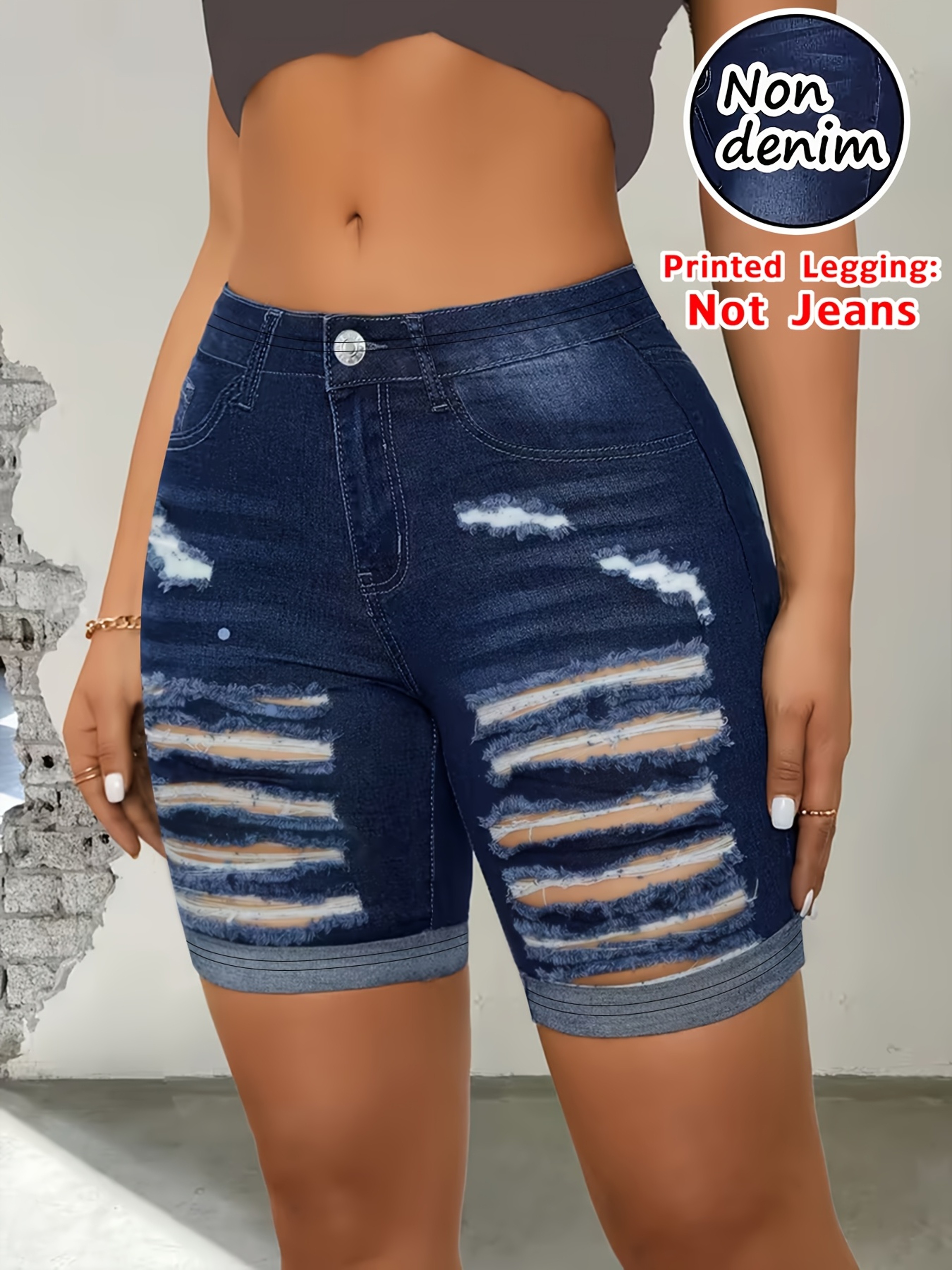 Women's High-Waisted Denim Print Capri Leggings – Stretchy Knee-Length Casual Pants – view 2