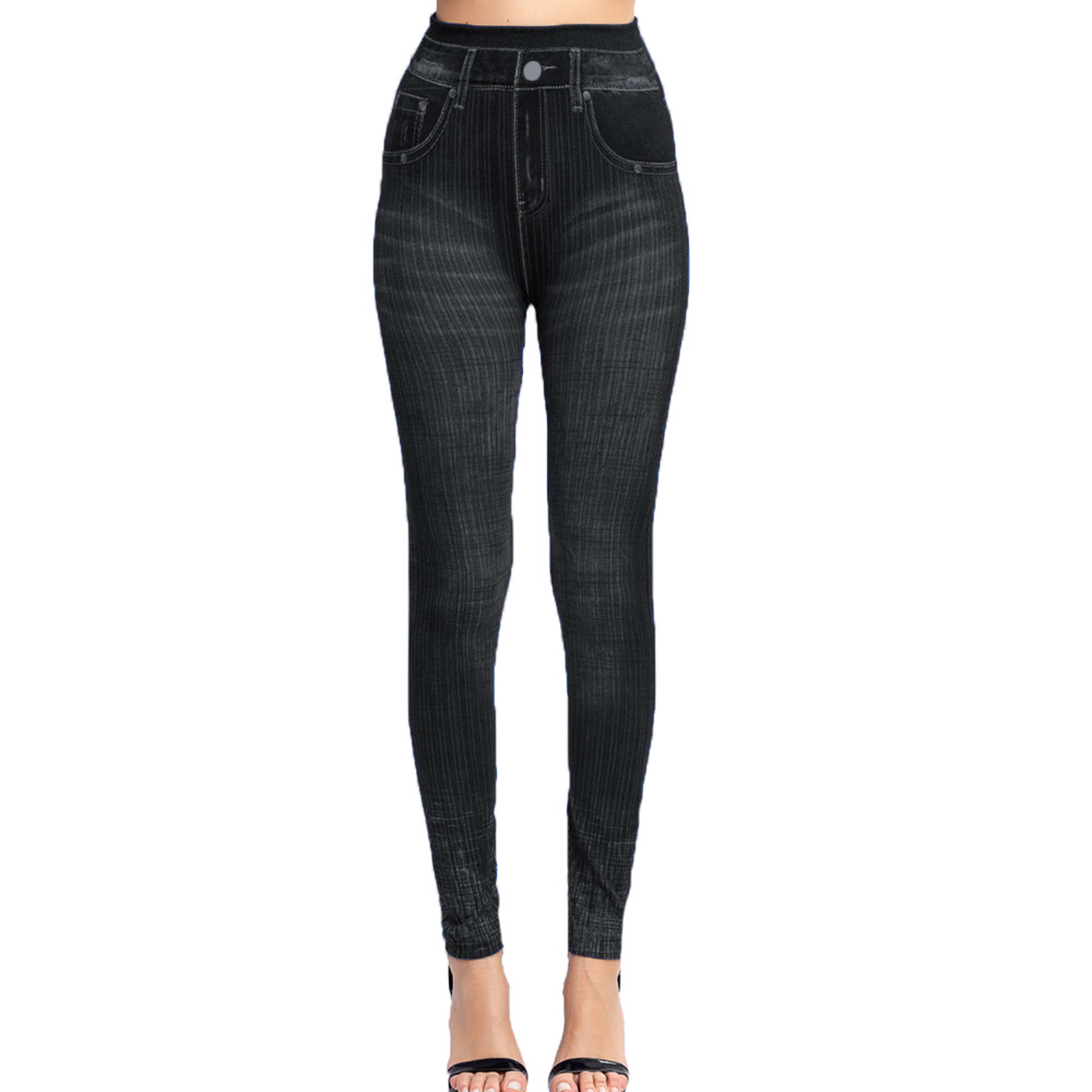 Women's High Waisted Striped Leggings with Faux Jeans Design and Booty Lifting Fit – view 8