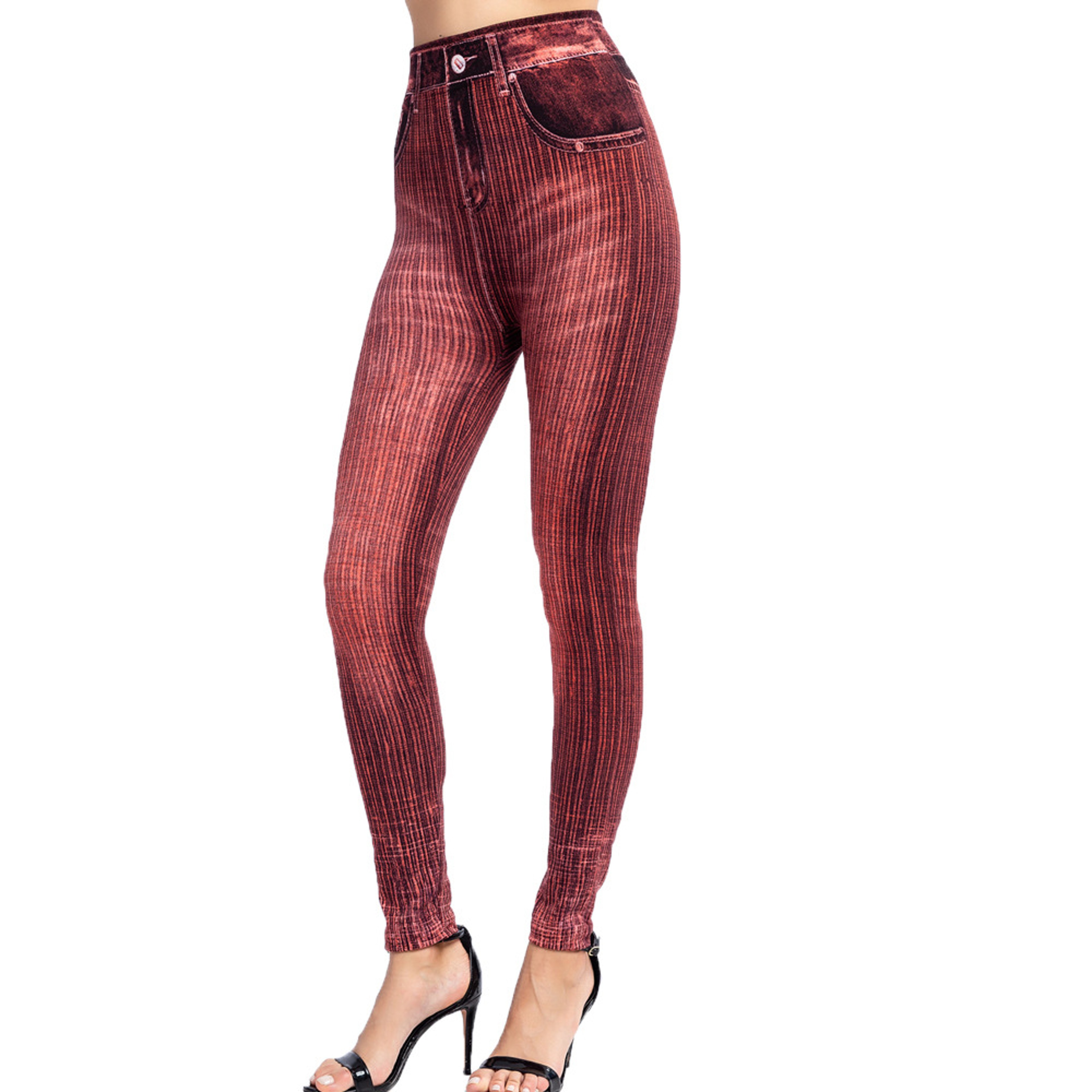 Women's High Waisted Striped Leggings with Faux Jeans Design and Booty Lifting Fit – view 10