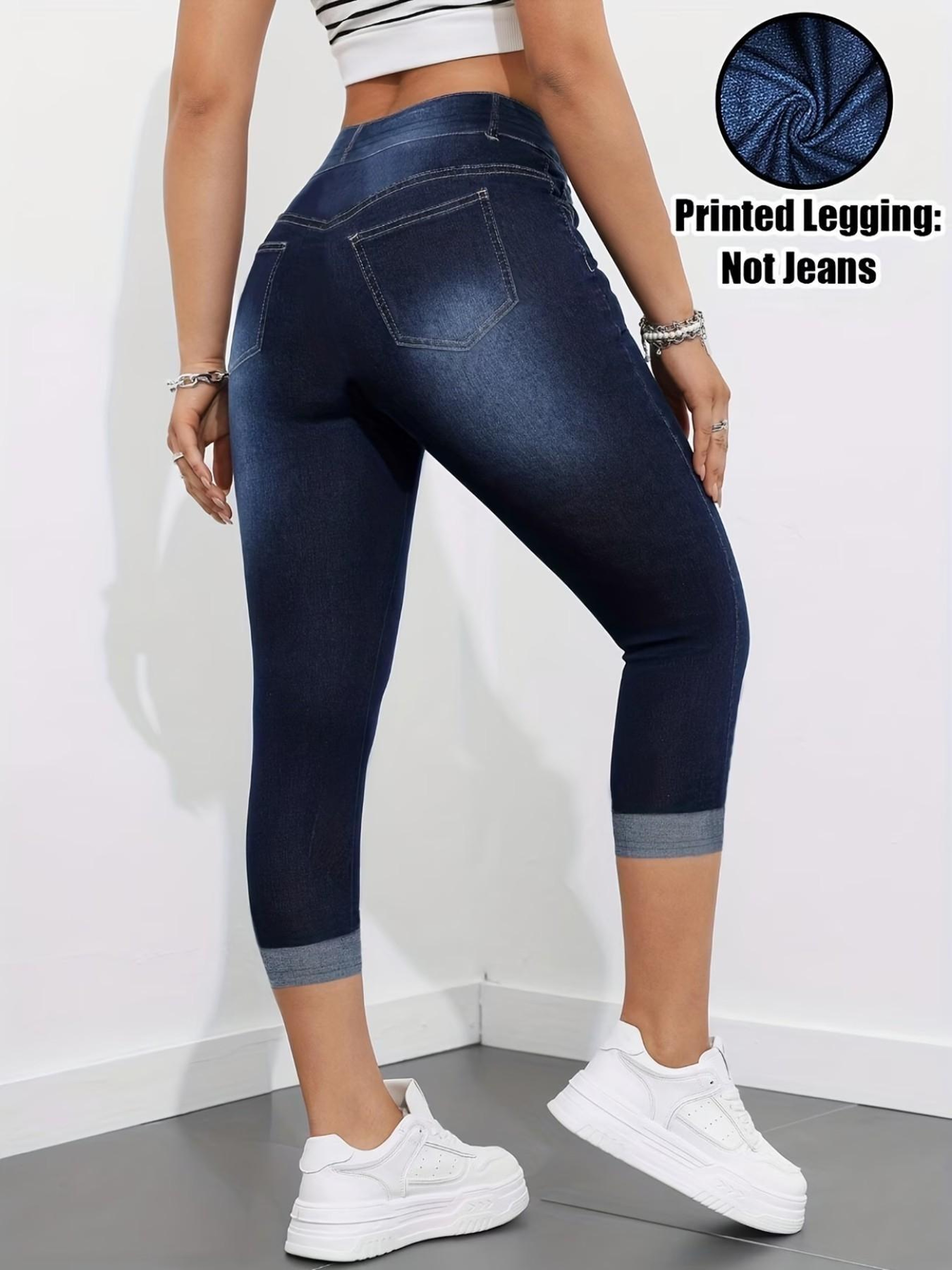 Women's Faux Denim Print Capri Leggings High Waisted Stretch Yoga Pants – view 1