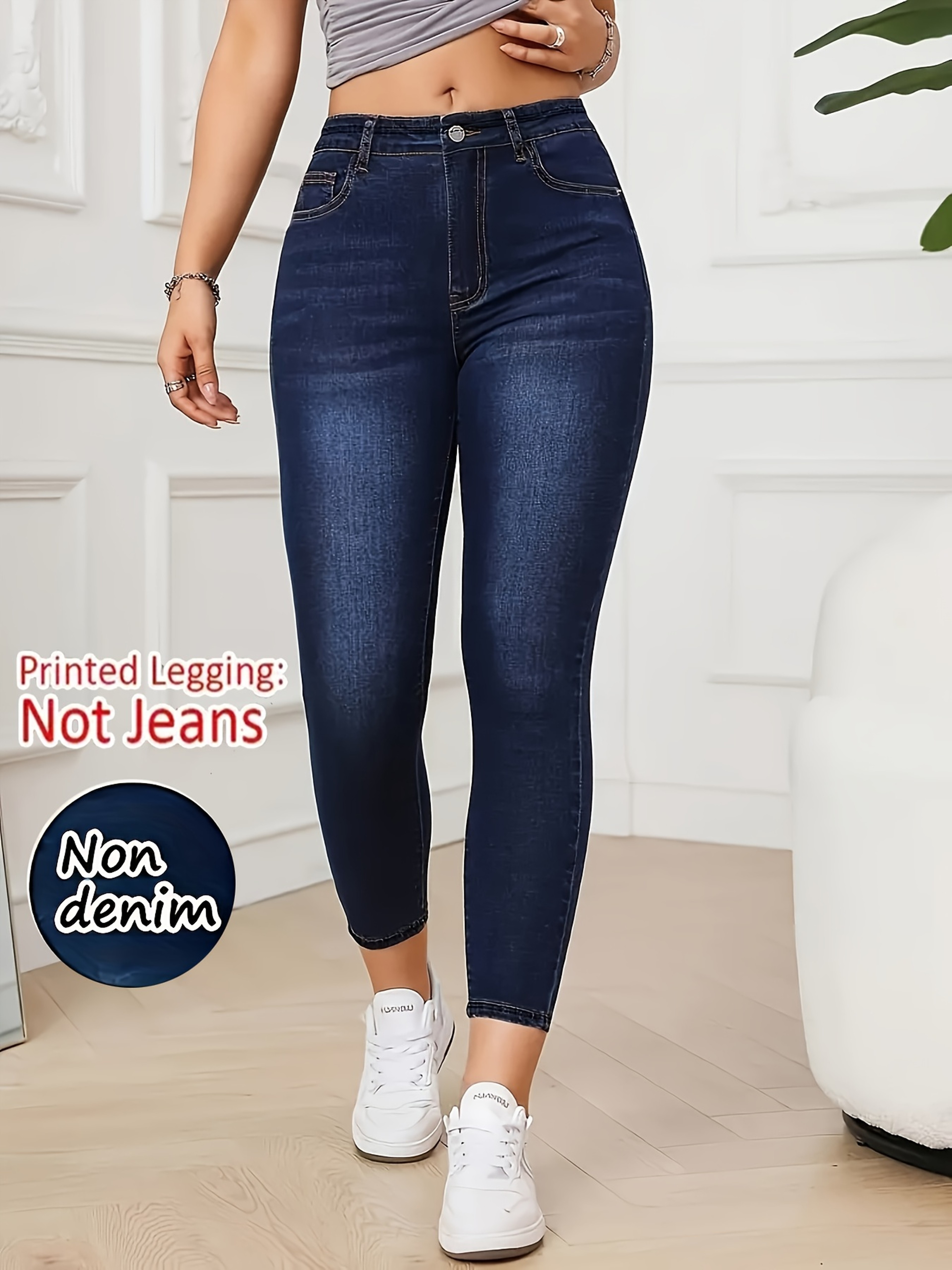 Women's Faux Denim Print High Waist Leggings Soft Ankle-Length Skinny Yoga Pants – view 3