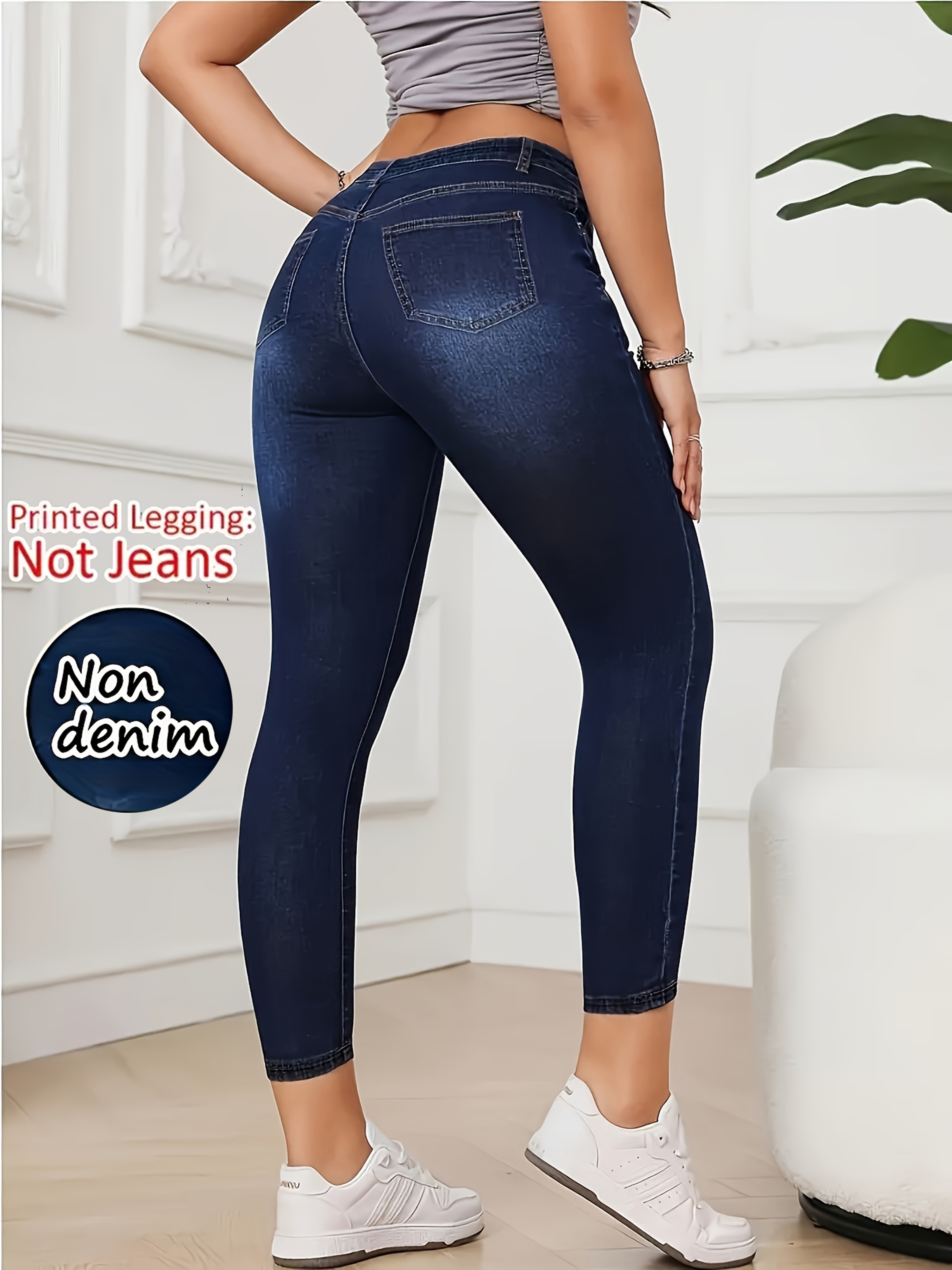 Women's Faux Denim Print High Waist Leggings Soft Ankle-Length Skinny Yoga Pants – view 2
