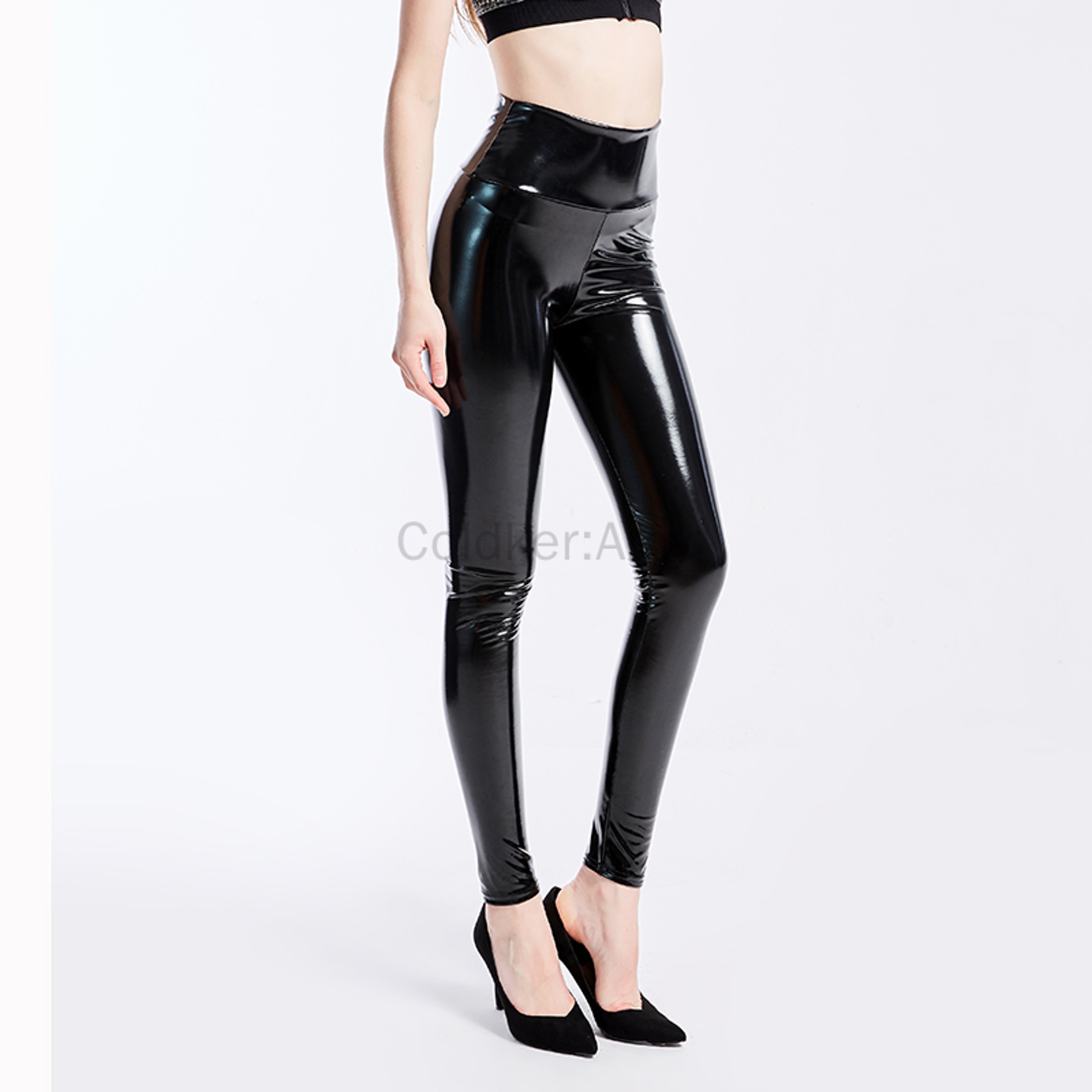 Women's High Waist Shiny Faux Leather Leggings – Wet Look Skinny Pants – view 2
