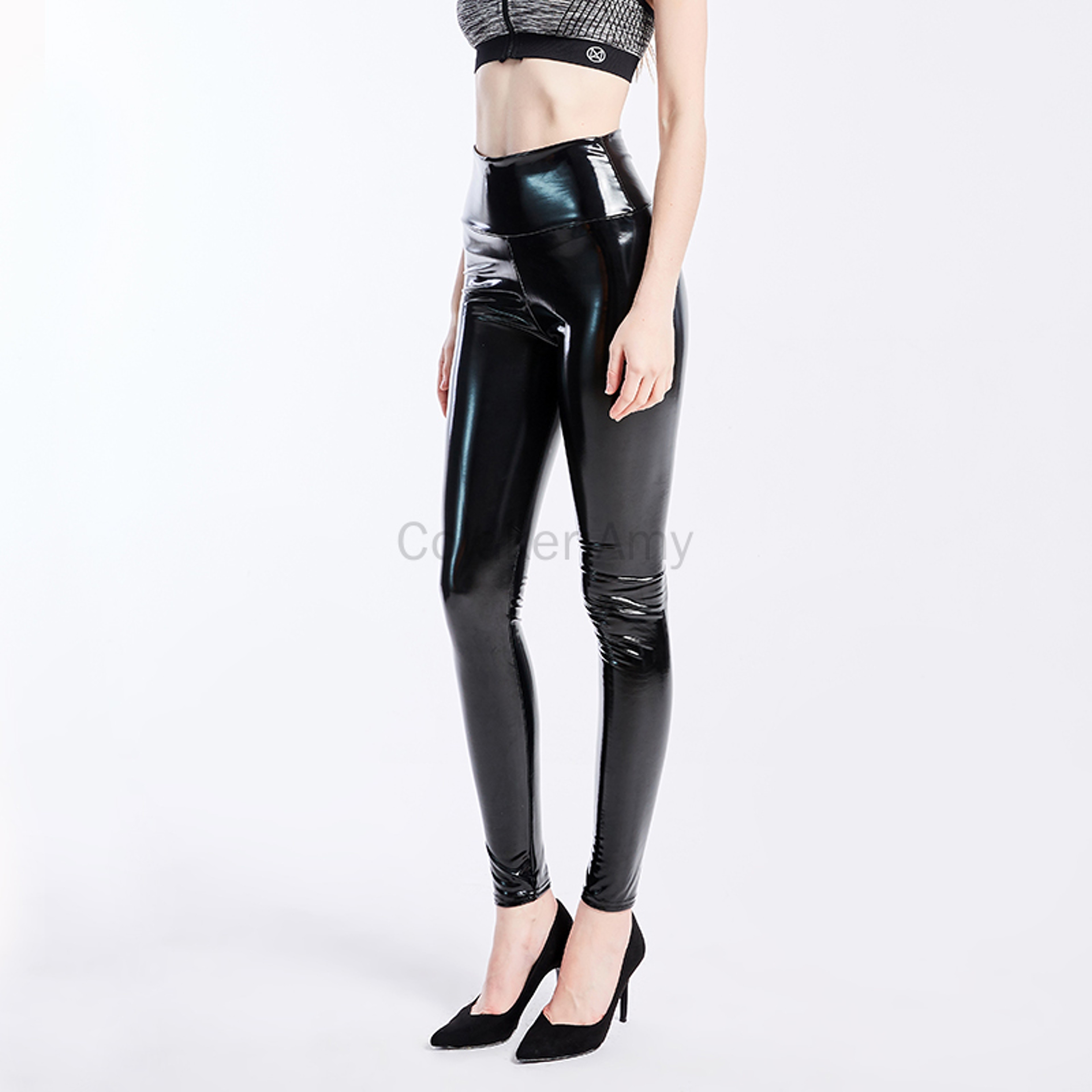 Women's High Waist Shiny Faux Leather Leggings – Wet Look Skinny Pants – view 3