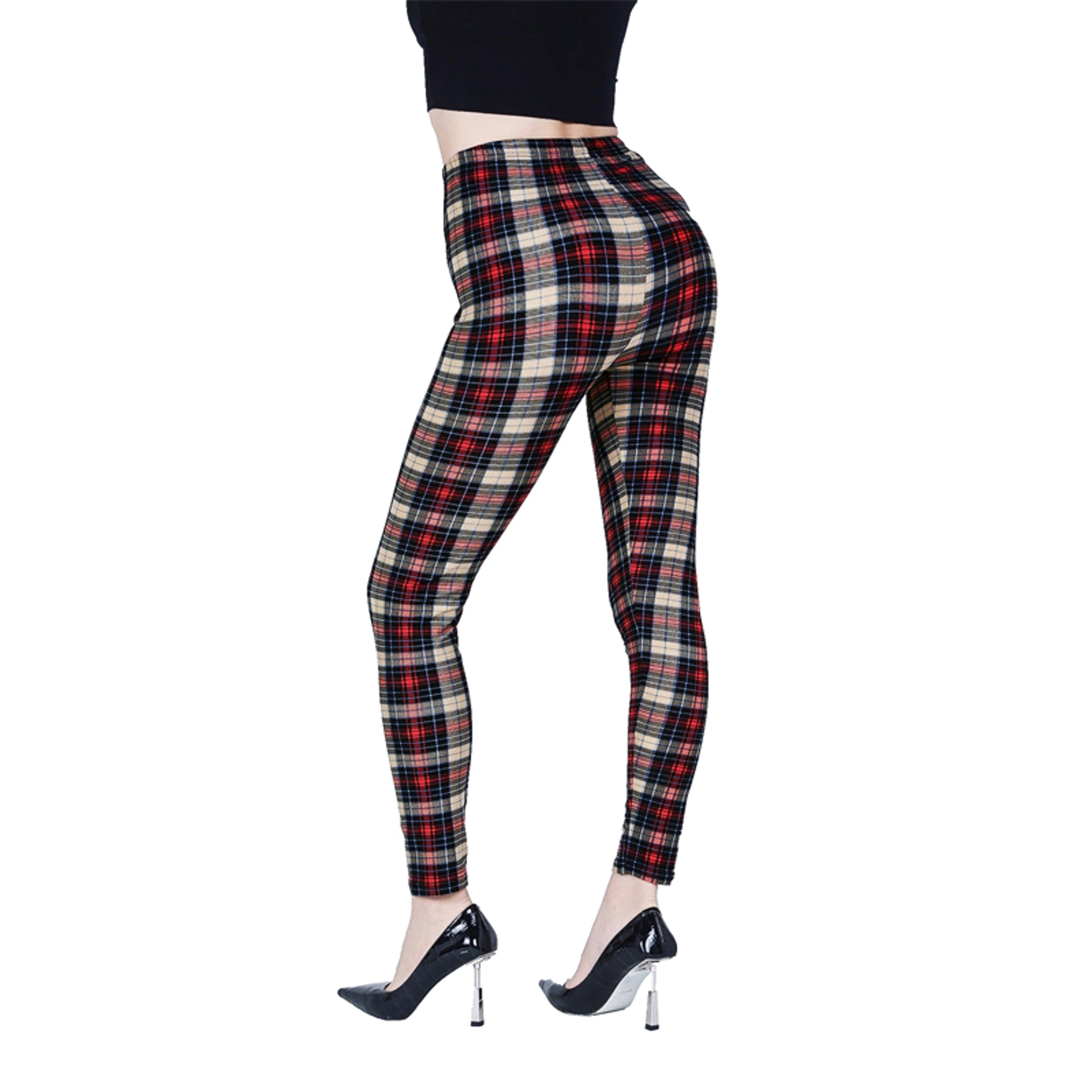 Womens Khaki Plaid Leggings with Mid Rise Waist and Ankle Length Fit – view 3