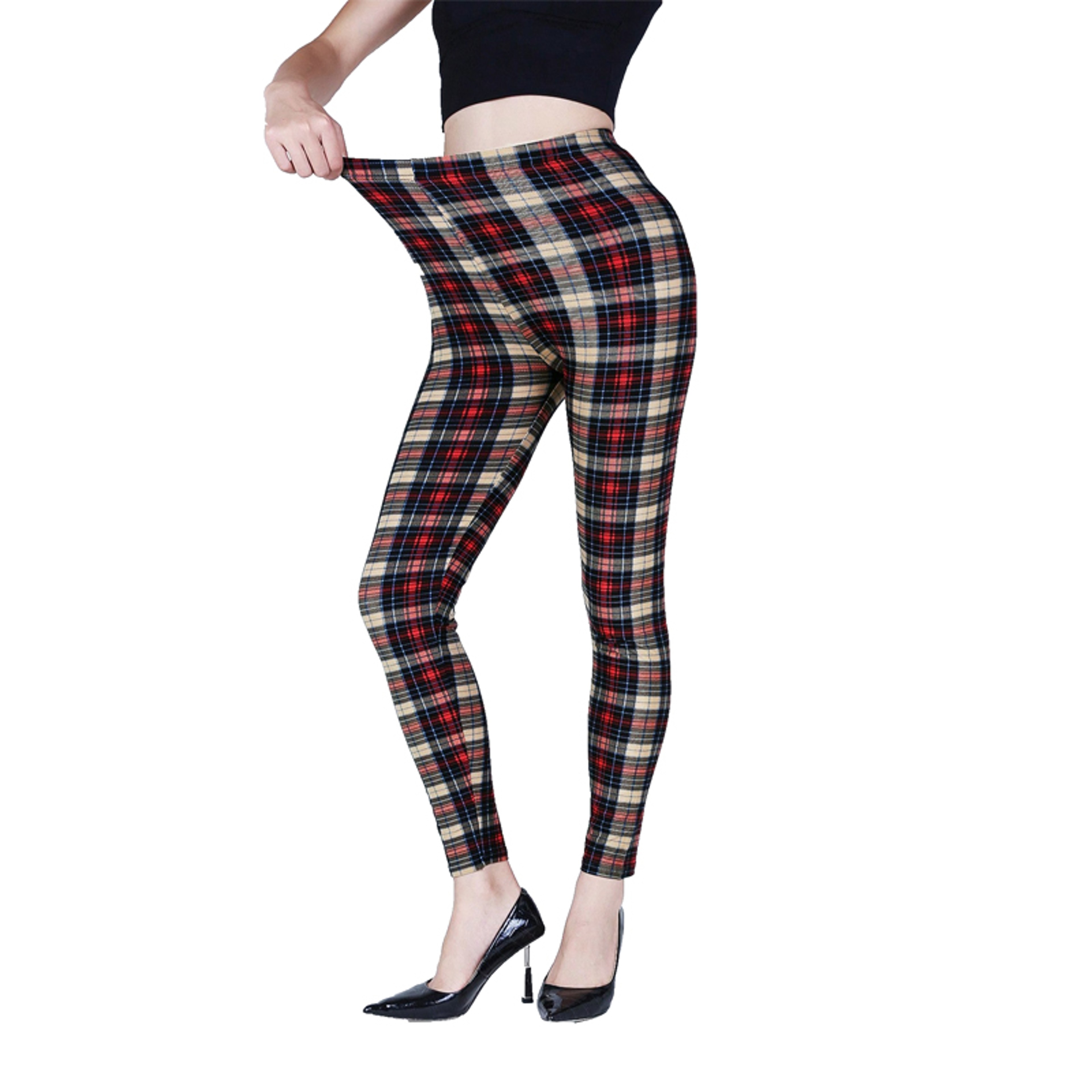 Womens Khaki Plaid Leggings with Mid Rise Waist and Ankle Length Fit – view 4