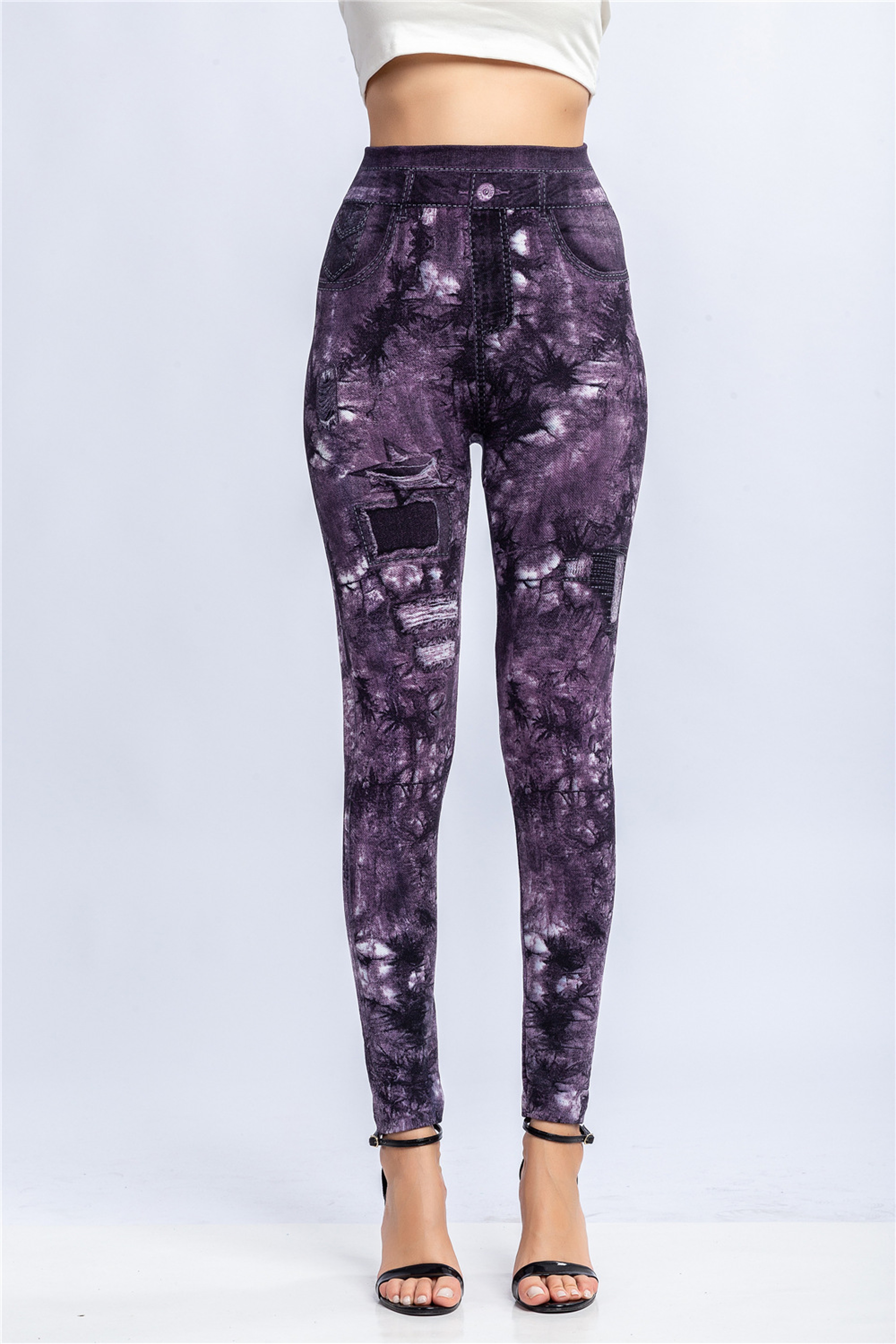 Women's High Waisted Denim Print Leggings with Stretchy Booty Lifting Fit – view 10