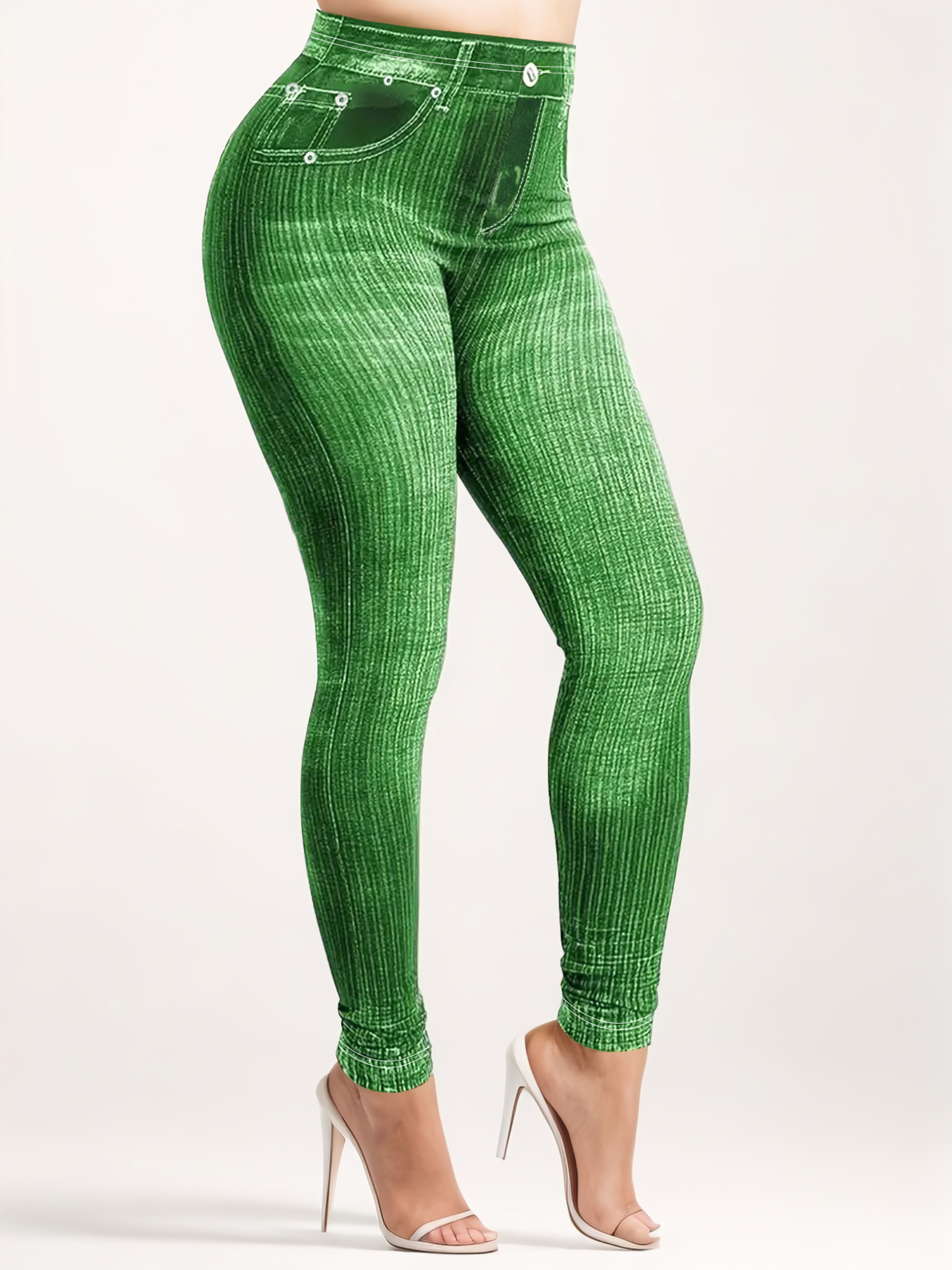 Plus Size Women's Denim Print Leggings with Vertical Stripes and High Stretch – view 2
