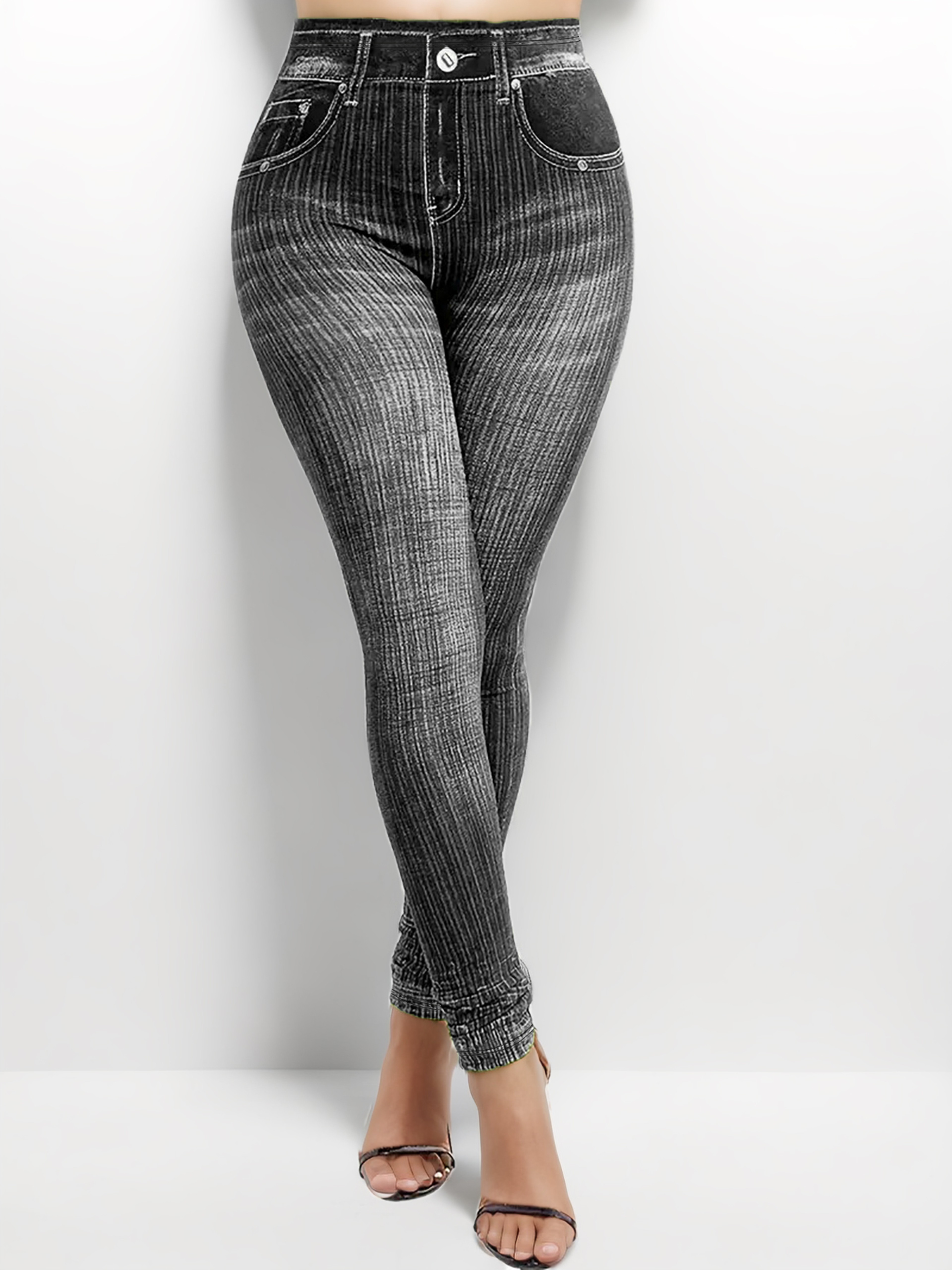 Plus Size Women's Denim Print Leggings with Vertical Stripes and High Stretch – view 6