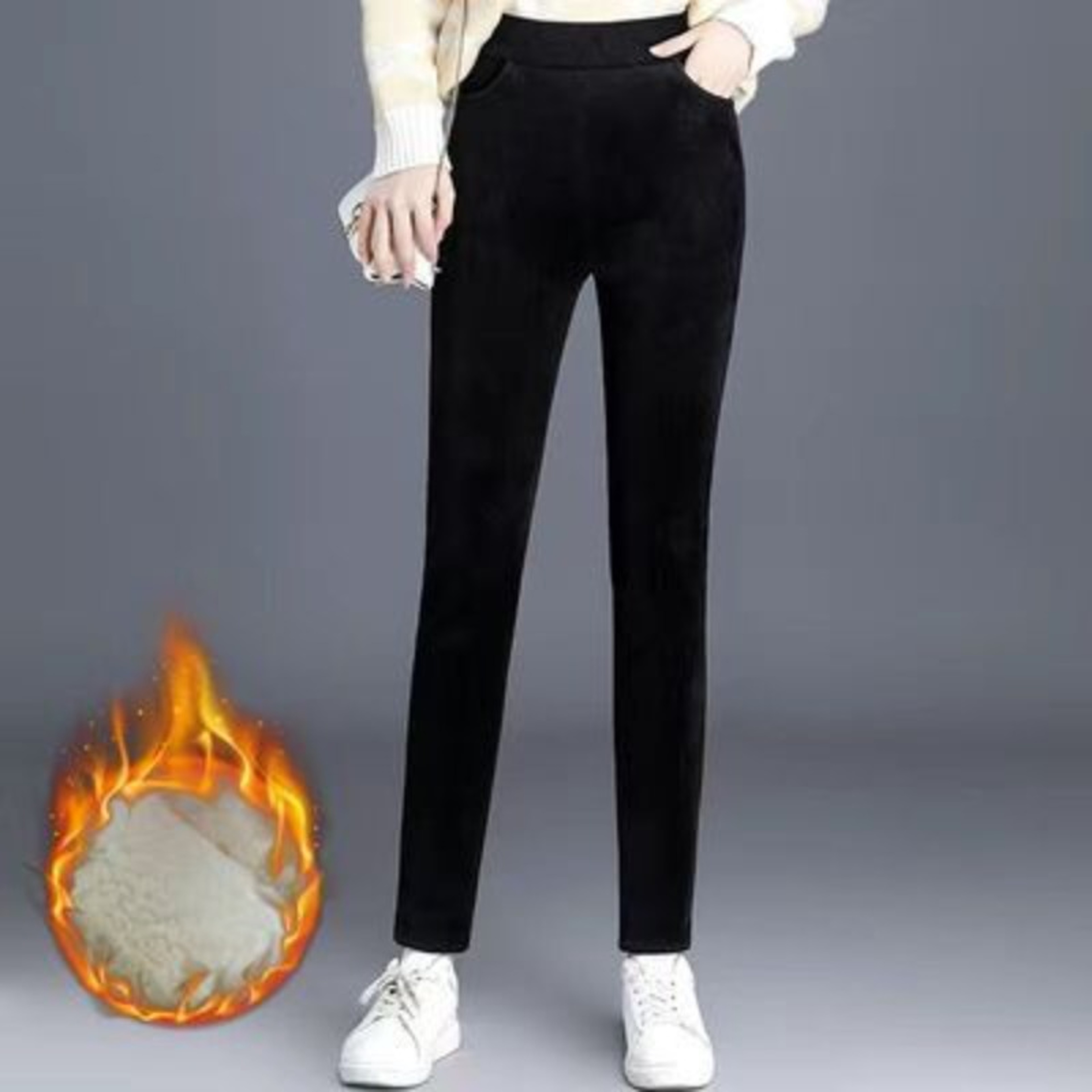 Women's Plush Lined Corduroy Wide Leg Pants with High Waist – view 5