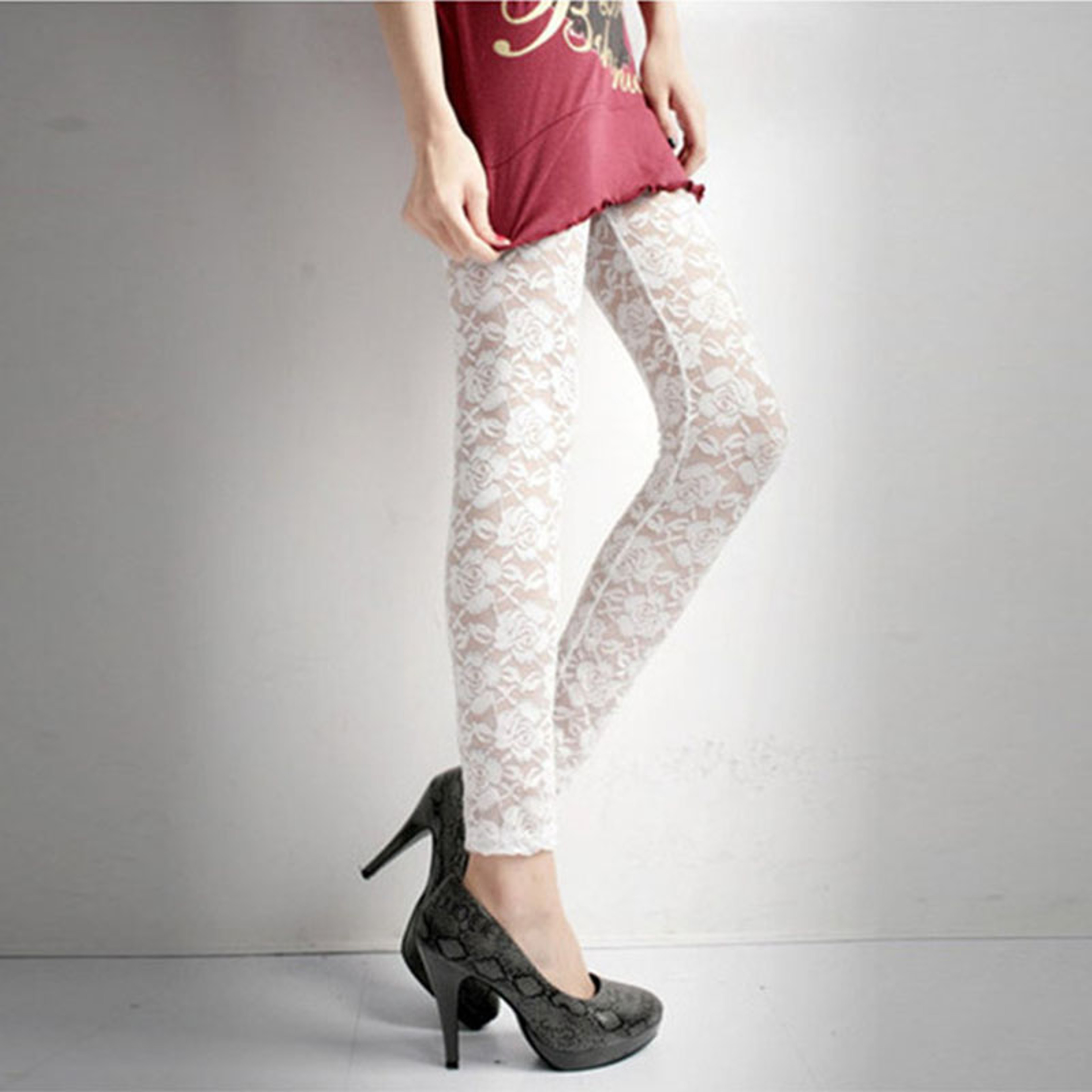 Women's High Waist Floral Embroidered Lace Leggings Ankle Length – view 6