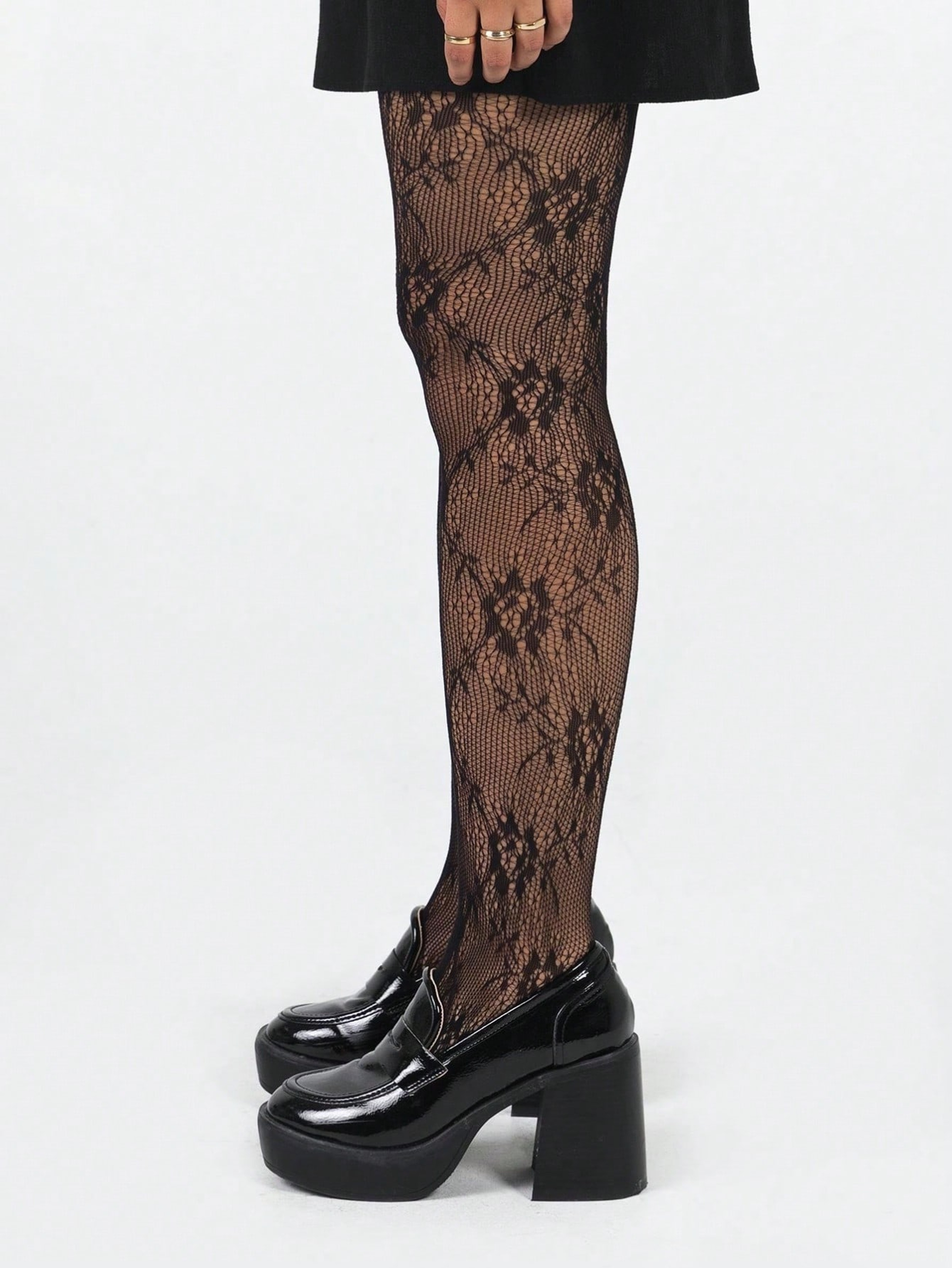 Women's Black Floral Lace Fishnet Tights High Waisted Sheer Pantyhose – view 4
