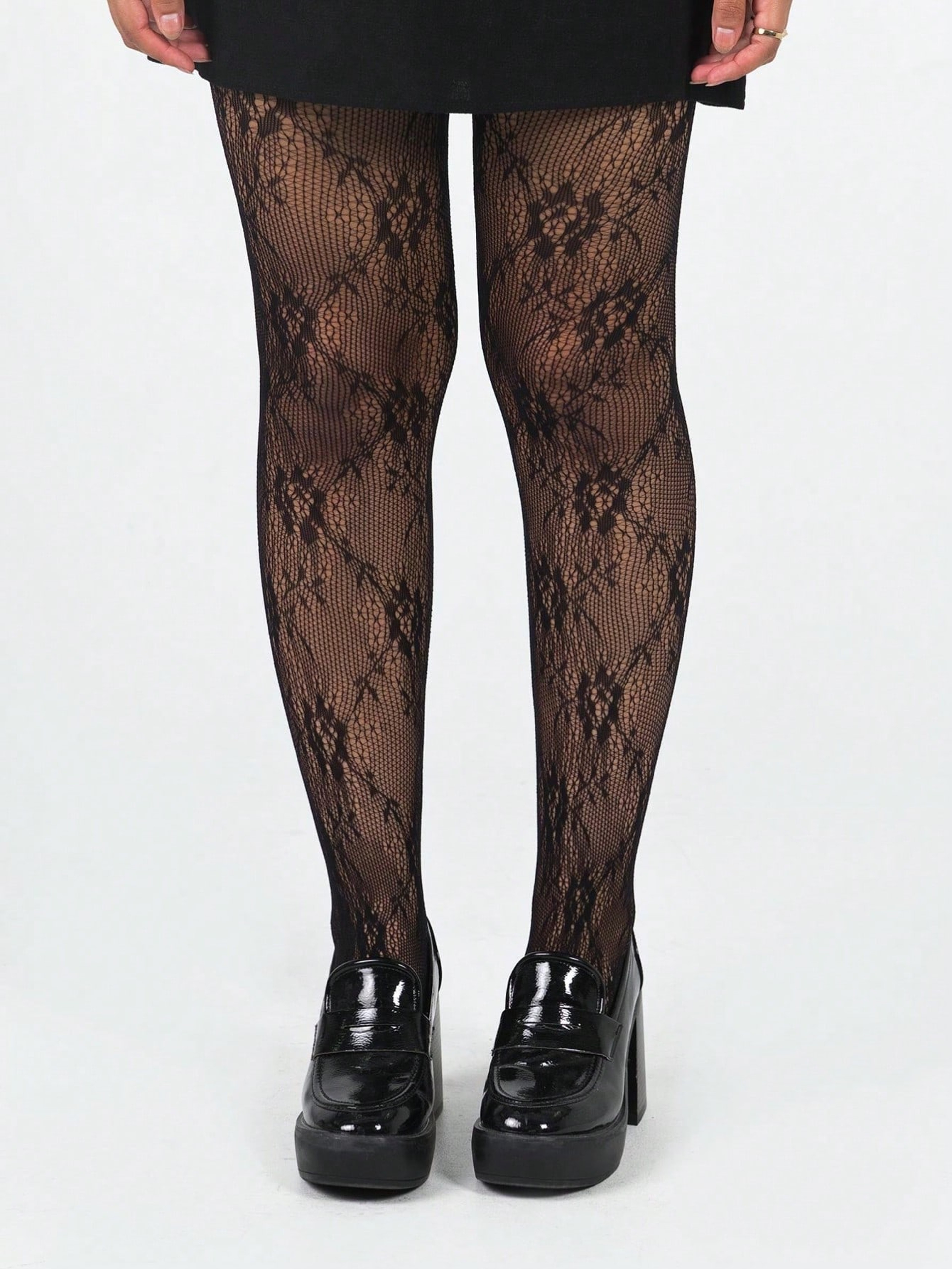 Women's Black Floral Lace Fishnet Tights High Waisted Sheer Pantyhose – view 3