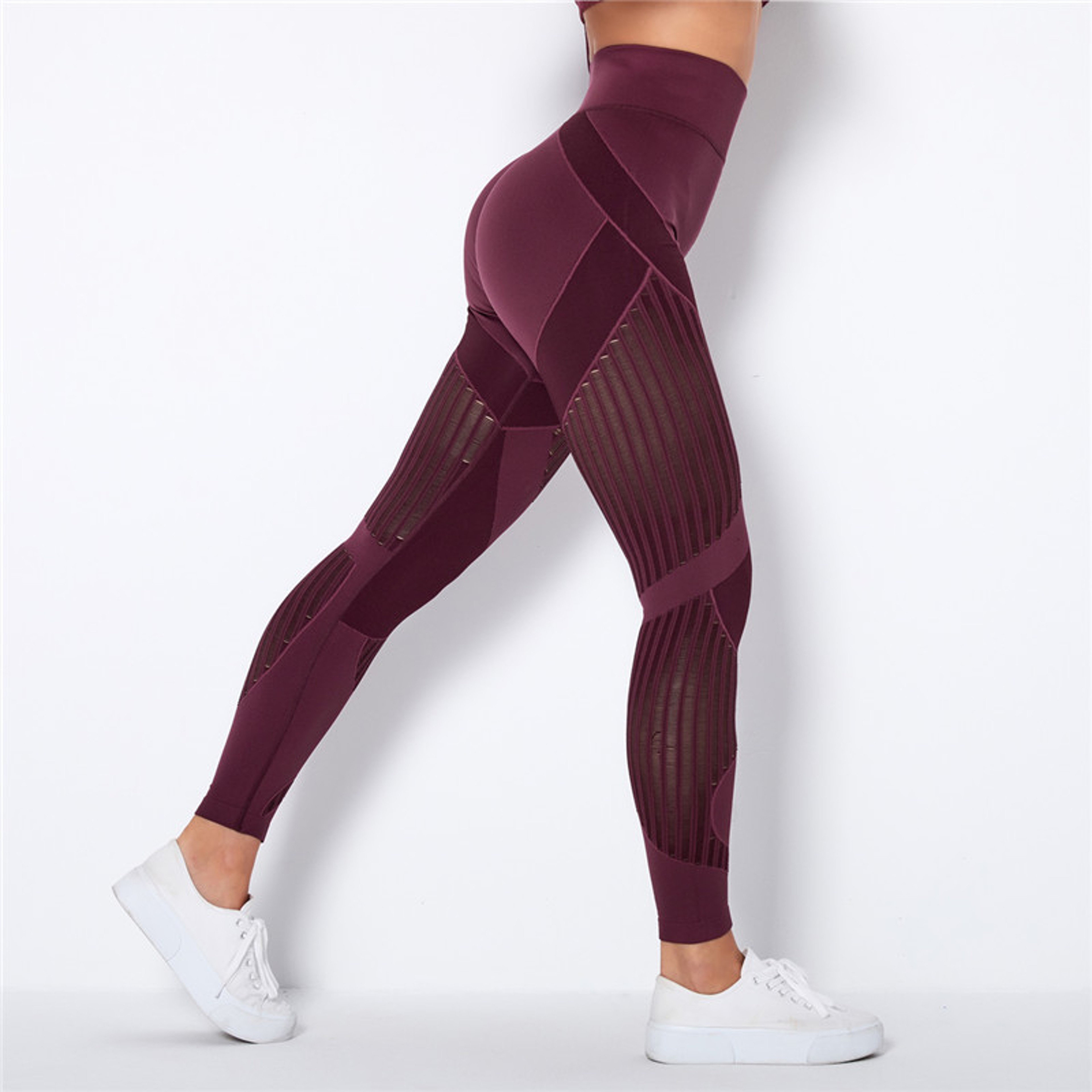 Women's High Waisted Seamless Mesh Leggings with Striped Design – view 1