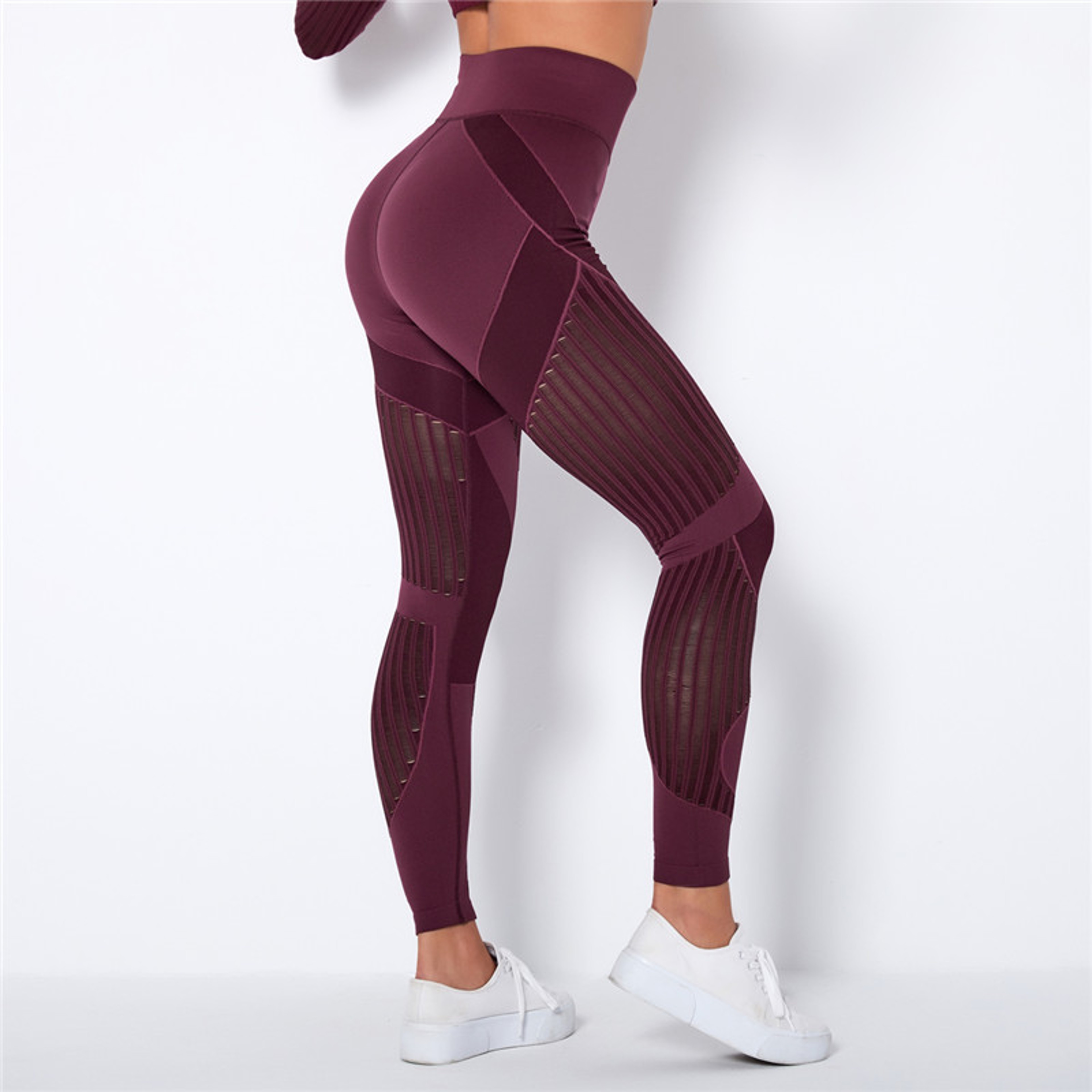 Women's High Waisted Seamless Mesh Leggings with Striped Design – view 2